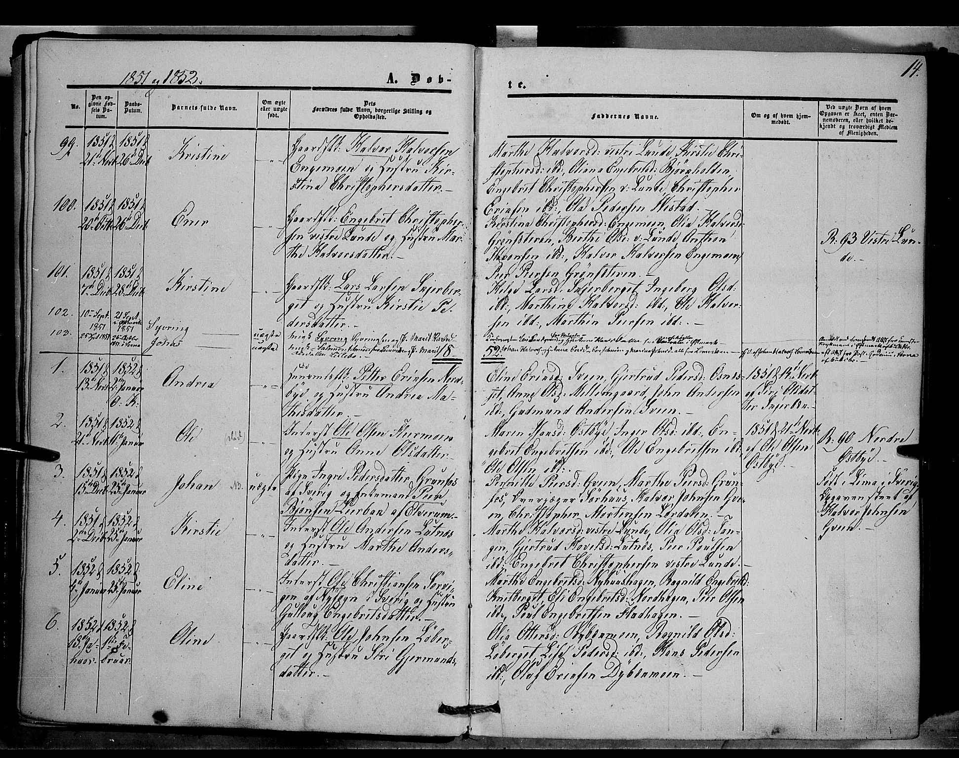 Trysil prestekontor, AV/SAH-PREST-046/H/Ha/Haa/L0005: Parish register (official) no. 5, 1851-1865, p. 14