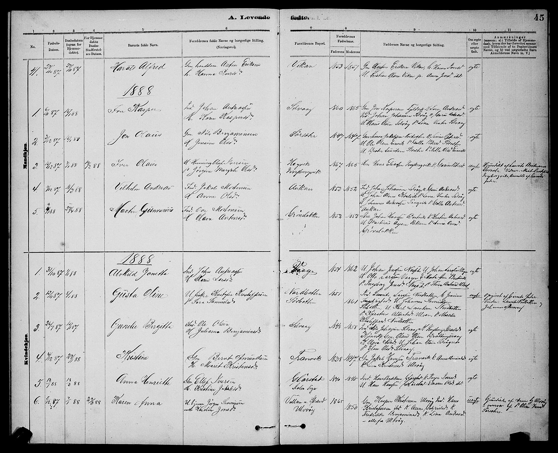 Ministerialprotokoller, klokkerbøker og fødselsregistre - Sør-Trøndelag, SAT/A-1456/637/L0562: Parish register (copy) no. 637C03, 1883-1898, p. 45