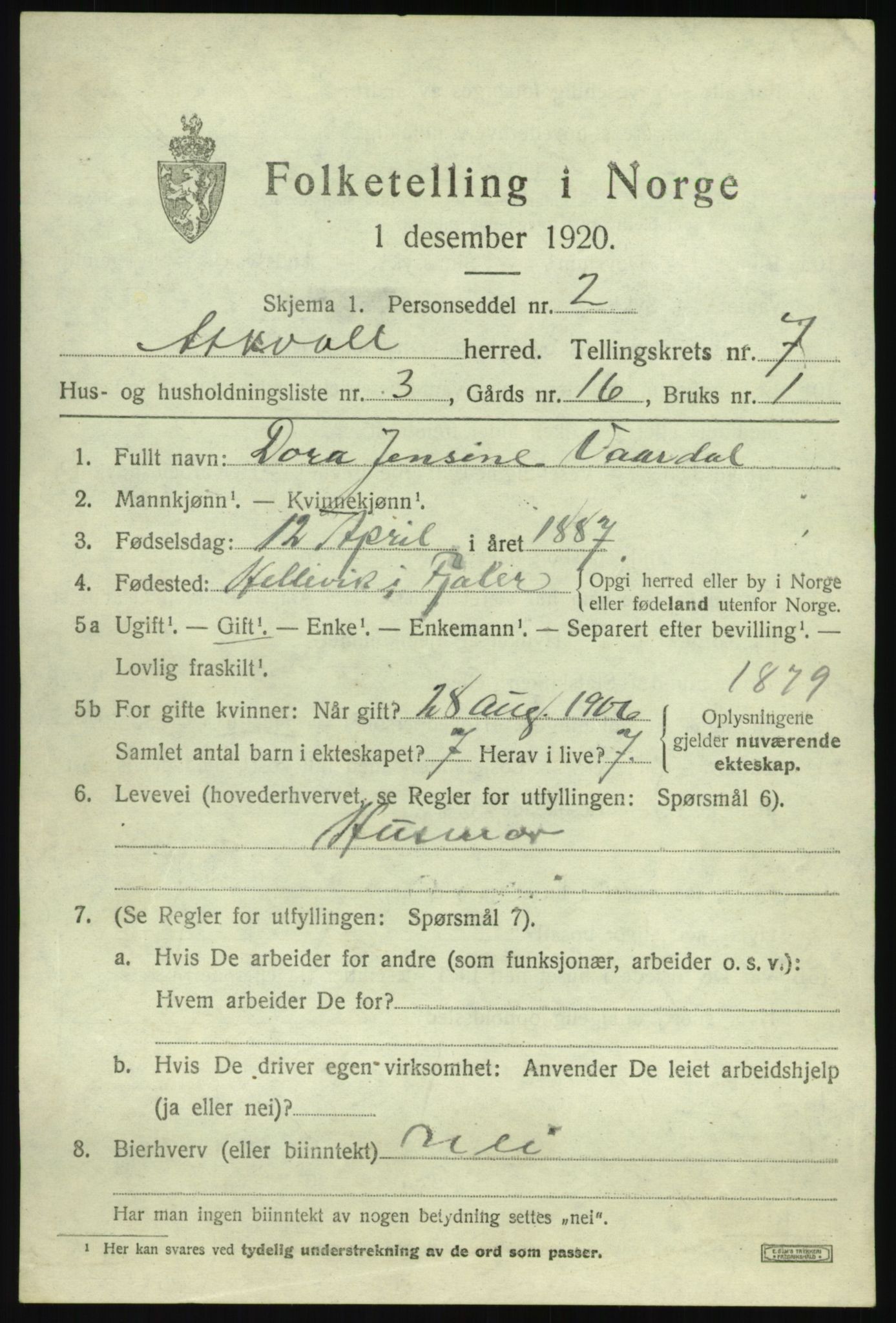 SAB, 1920 census for Askvoll, 1920, p. 3284