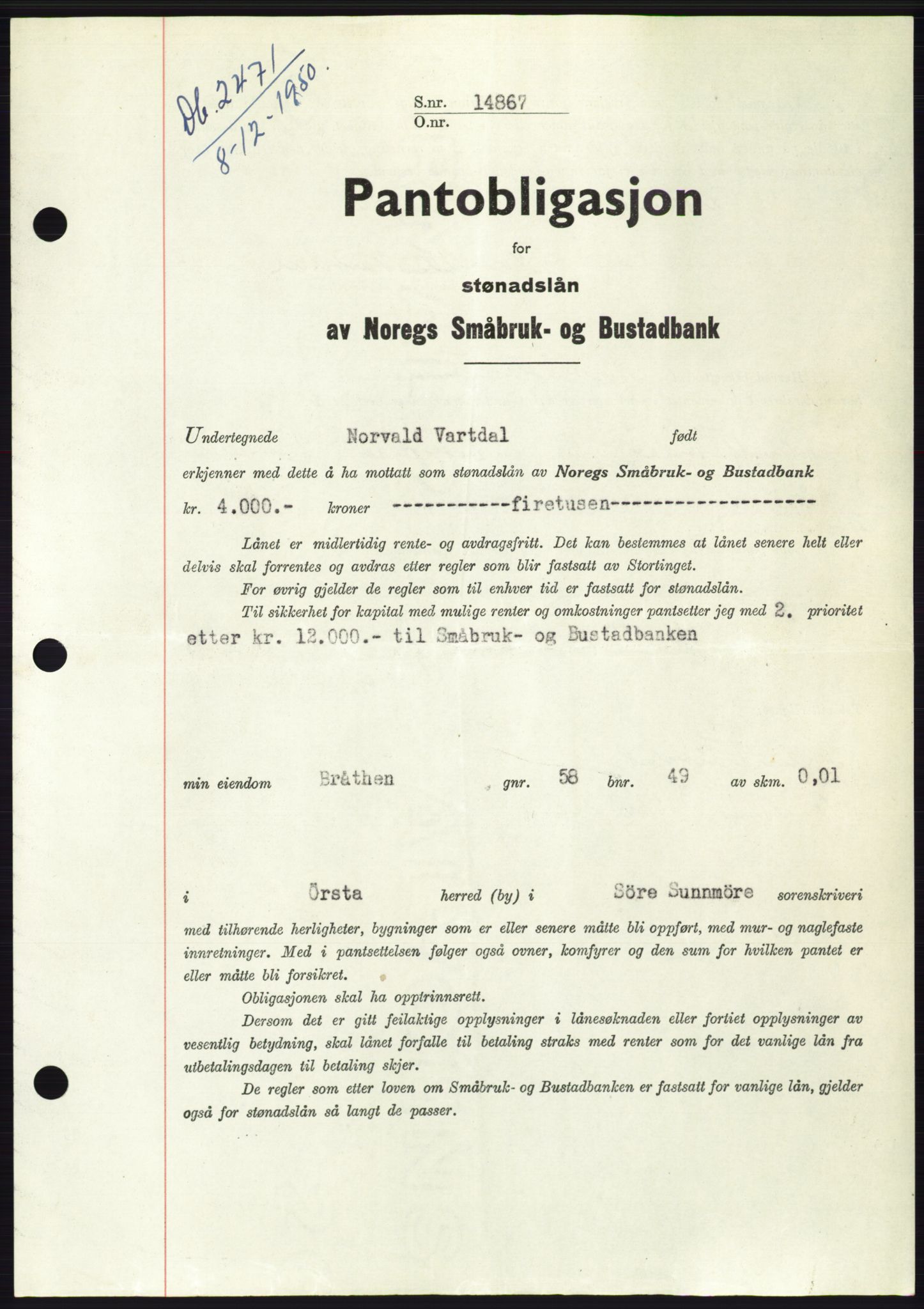 Søre Sunnmøre sorenskriveri, AV/SAT-A-4122/1/2/2C/L0119: Mortgage book no. 7B, 1950-1951, Diary no: : 2471/1950