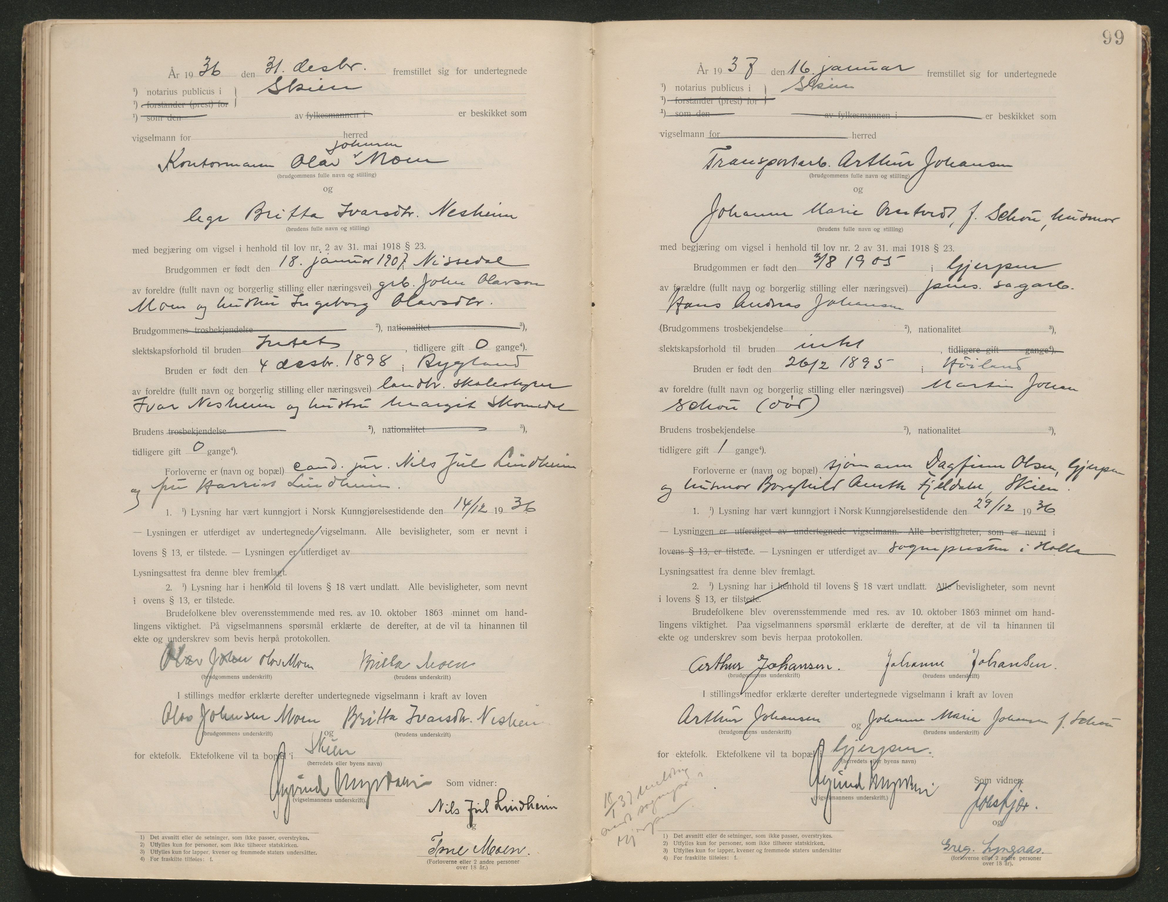 Skien sorenskriveri, AV/SAKO-A-225/L/La/L0001: Vigselsprotokoll, 1920-1947, p. 99