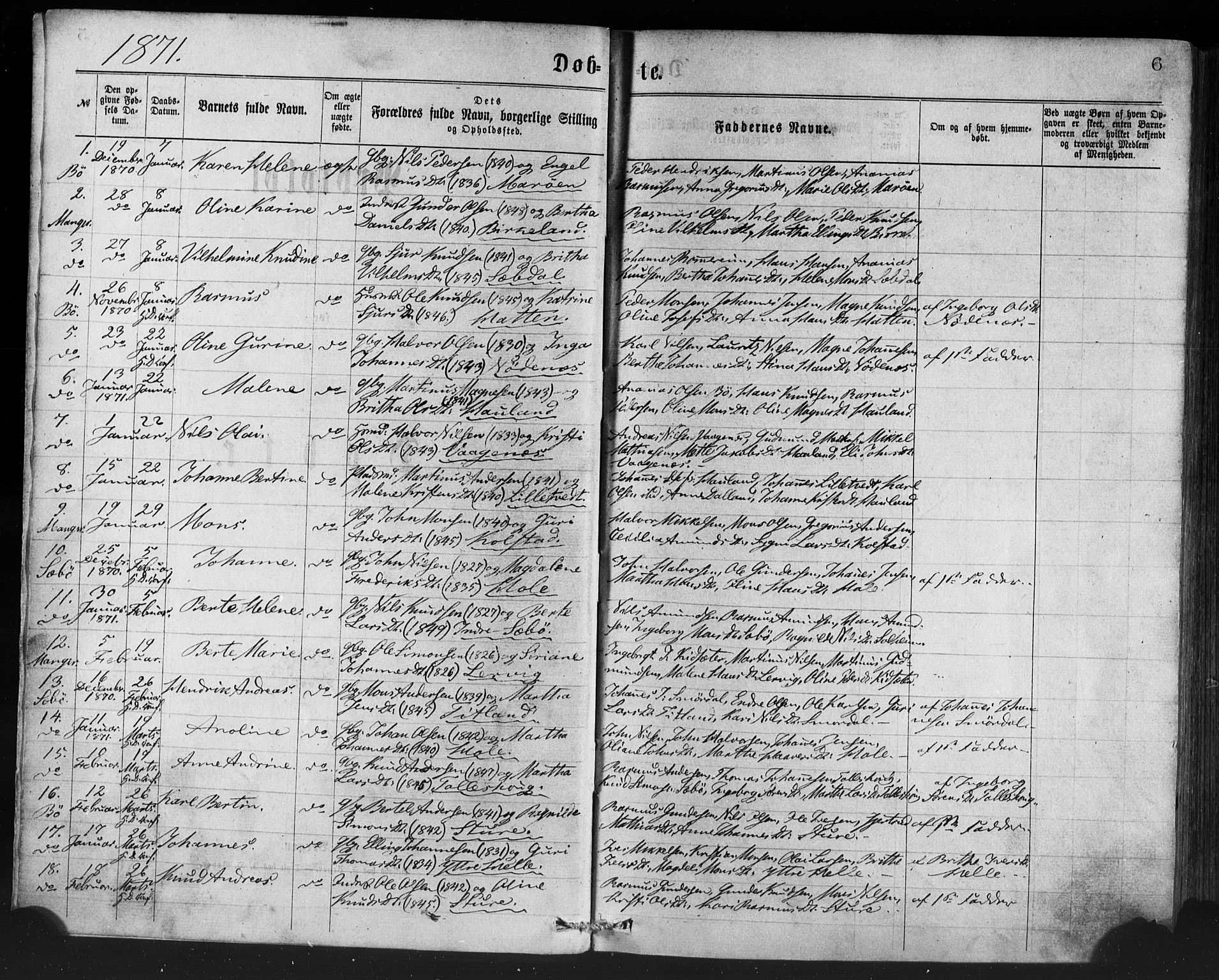 Manger sokneprestembete, SAB/A-76801/H/Haa: Parish register (official) no. A 8, 1871-1880, p. 6