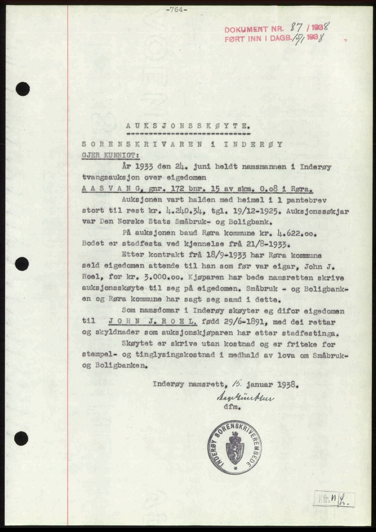 Inderøy sorenskriveri, AV/SAT-A-4147/1/2/2C: Mortgage book no. A 3, 1937-1938, p. 764, Diary no: : 87/1938