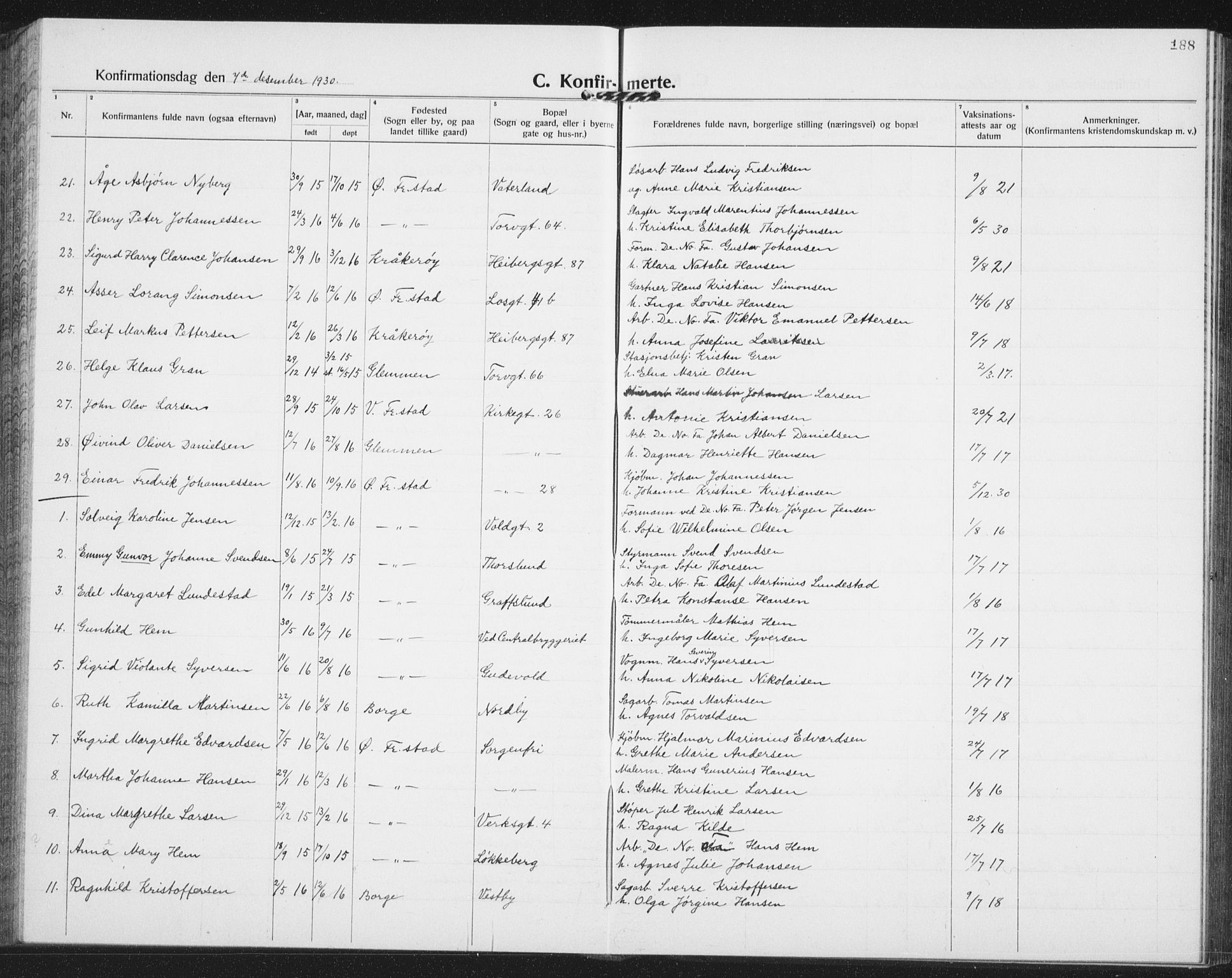 Østre Fredrikstad prestekontor Kirkebøker, AV/SAO-A-10907/G/Ga/L0003: Parish register (copy) no. 3, 1920-1940, p. 188