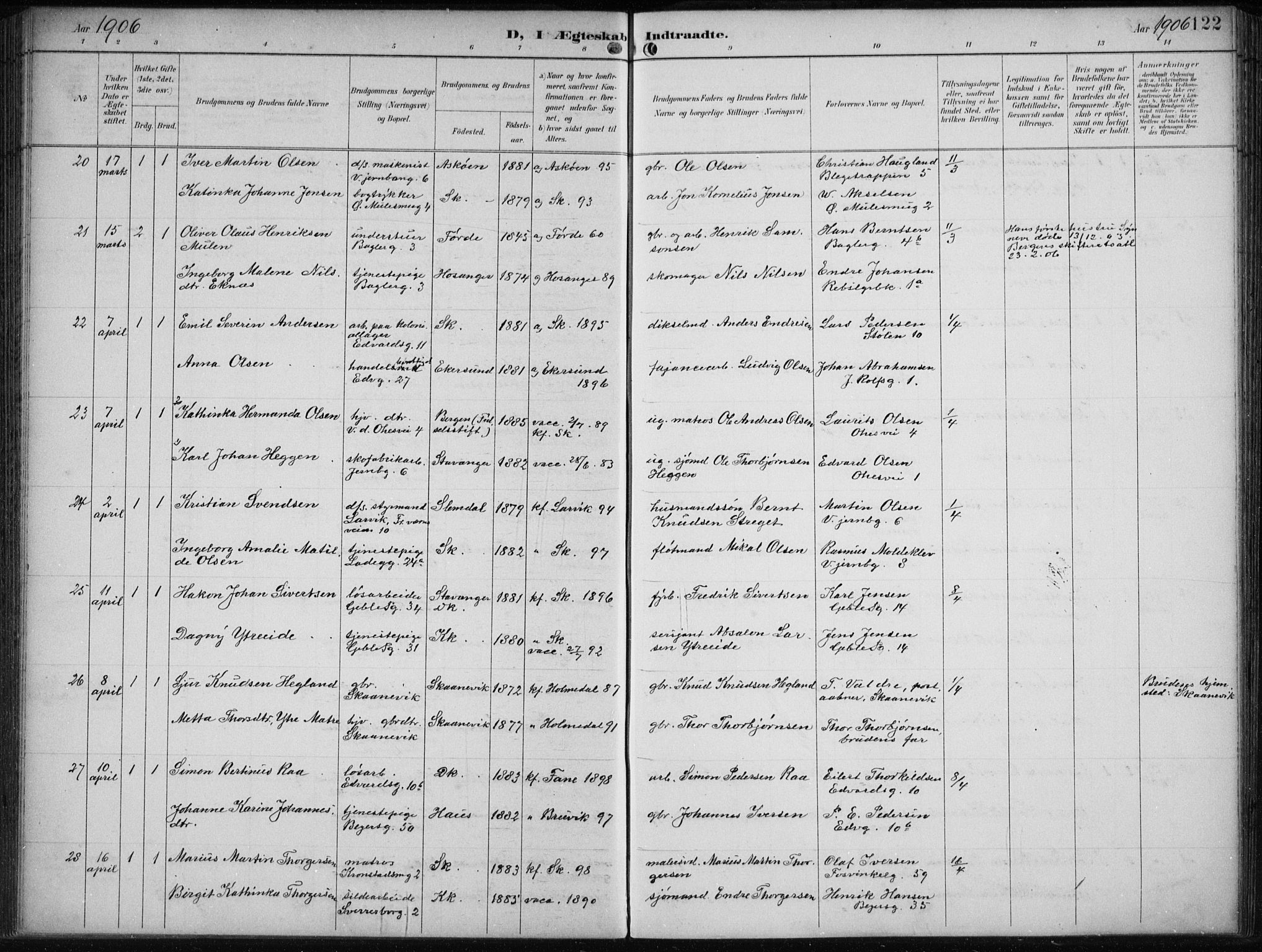 Sandviken Sokneprestembete, AV/SAB-A-77601/H/Ha/L0014: Parish register (official) no. D 1, 1896-1911, p. 122