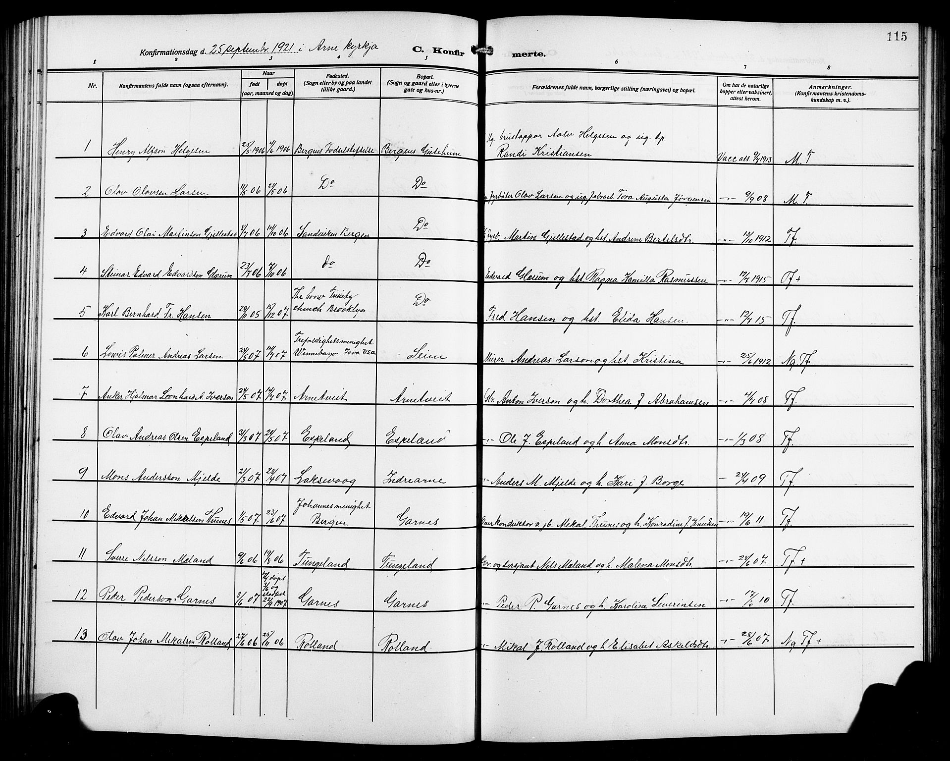 Arna Sokneprestembete, AV/SAB-A-74001/H/Ha/Hab: Parish register (copy) no. A 5, 1911-1921, p. 115