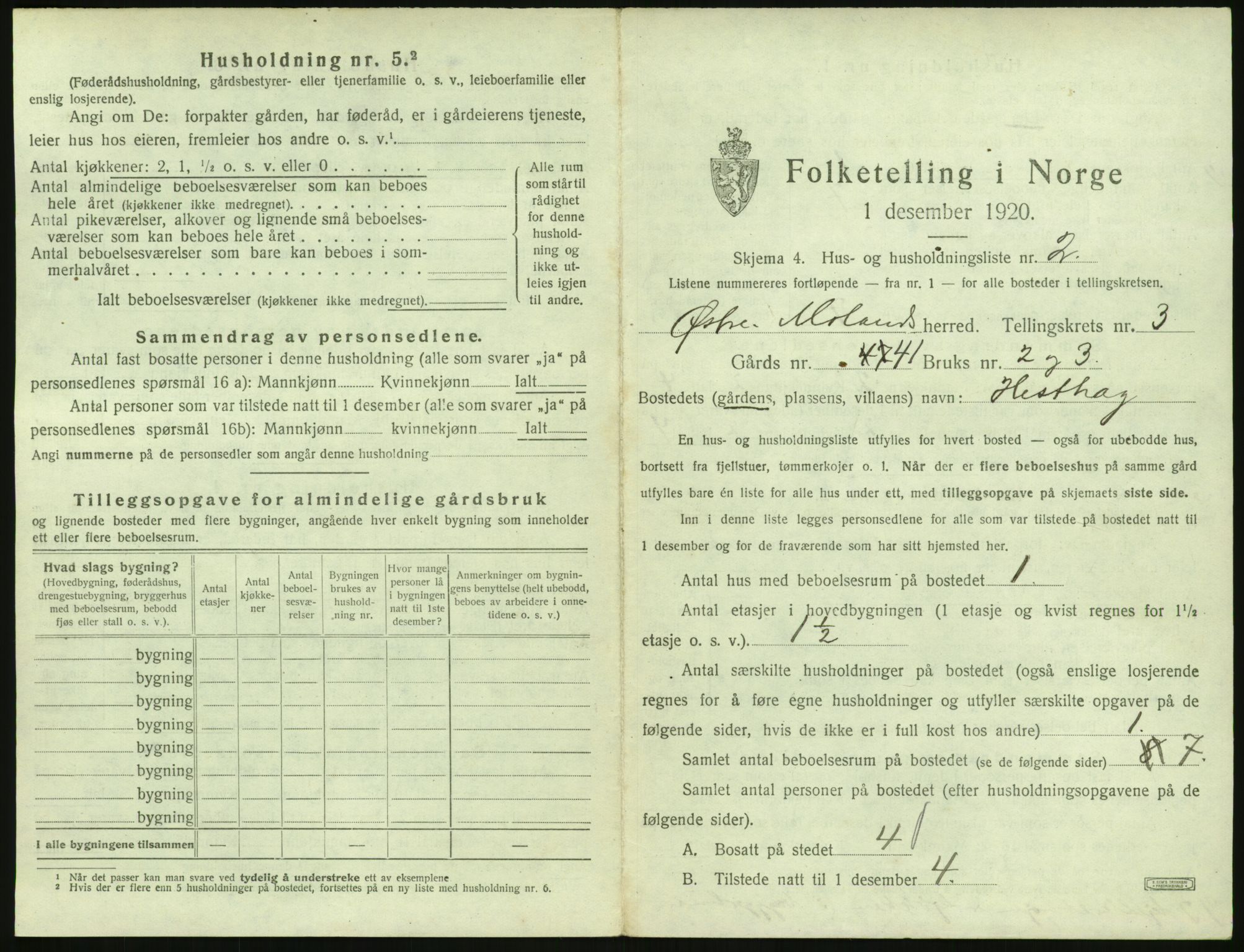 SAK, 1920 census for Austre Moland, 1920, p. 223