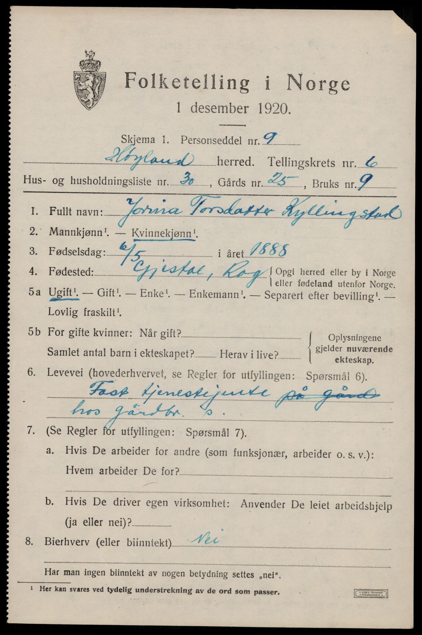 SAST, 1920 census for Høyland, 1920, p. 4606