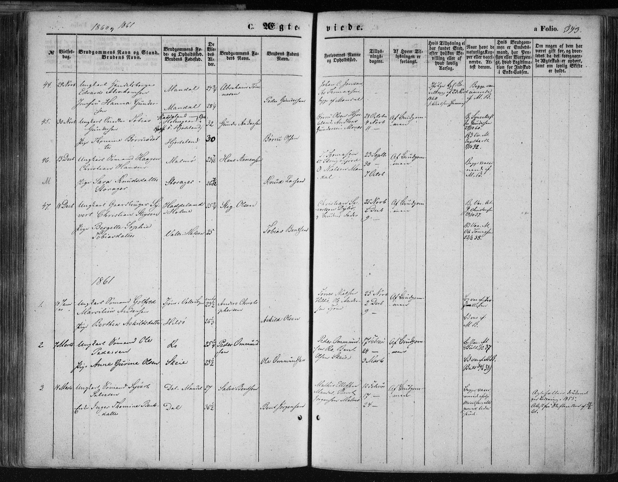Mandal sokneprestkontor, SAK/1111-0030/F/Fa/Faa/L0014: Parish register (official) no. A 14, 1859-1872, p. 343