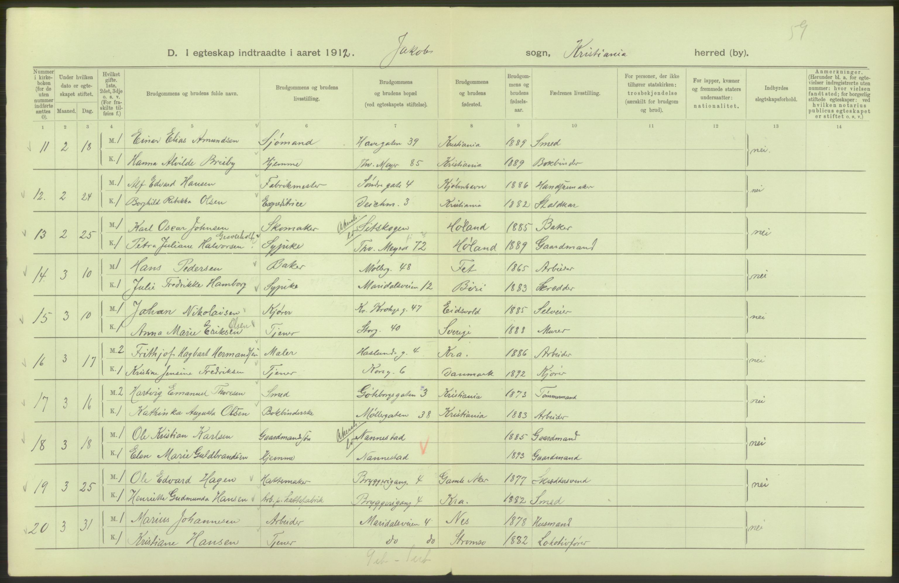 Statistisk sentralbyrå, Sosiodemografiske emner, Befolkning, AV/RA-S-2228/D/Df/Dfb/Dfbb/L0008: Kristiania: Gifte, 1912, p. 300