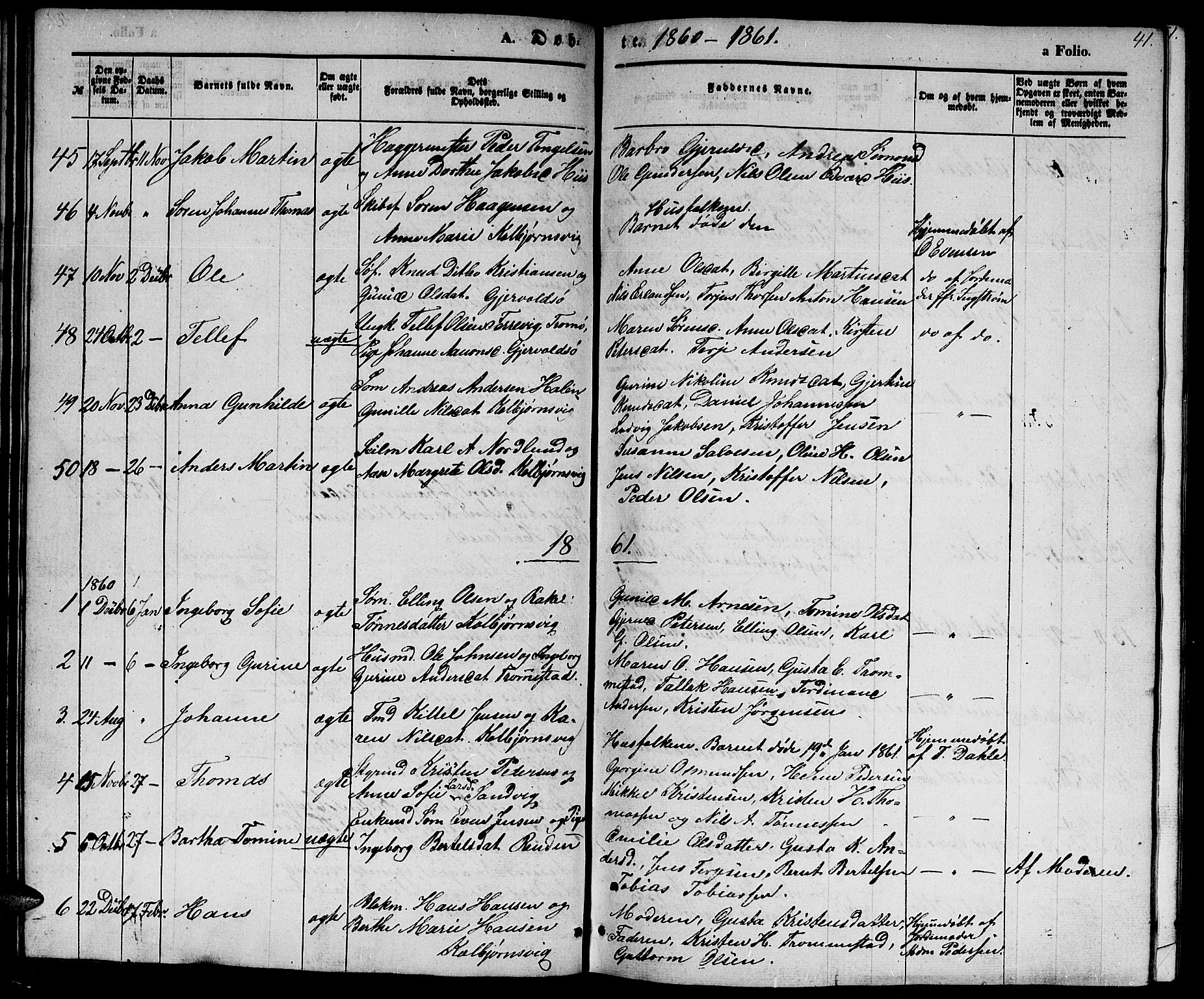 Hisøy sokneprestkontor, SAK/1111-0020/F/Fb/L0001: Parish register (copy) no. B 1, 1849-1872, p. 41