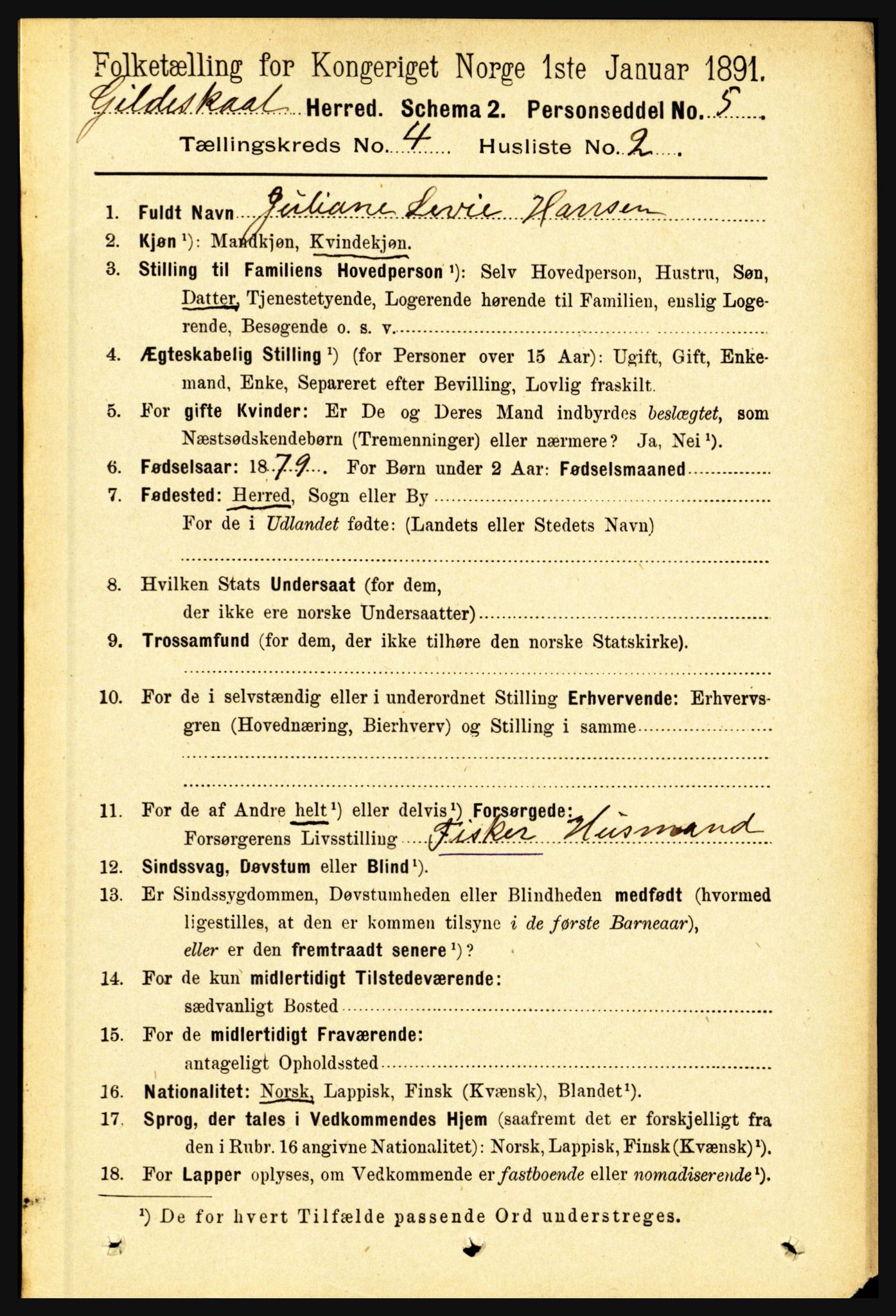 RA, 1891 census for 1838 Gildeskål, 1891, p. 1076