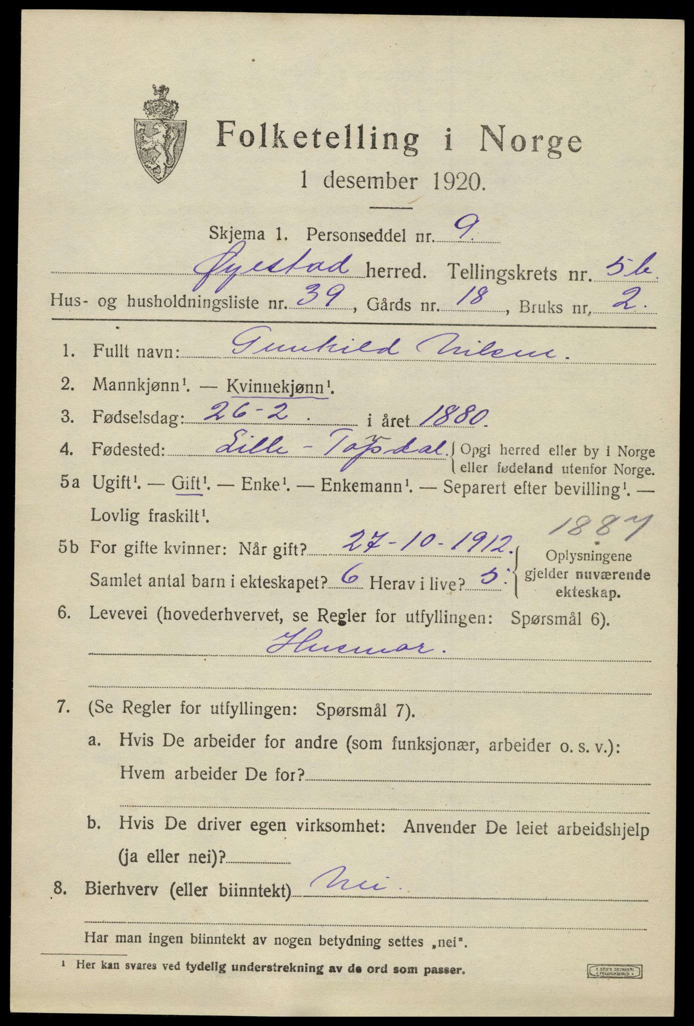 SAK, 1920 census for Øyestad, 1920, p. 4074