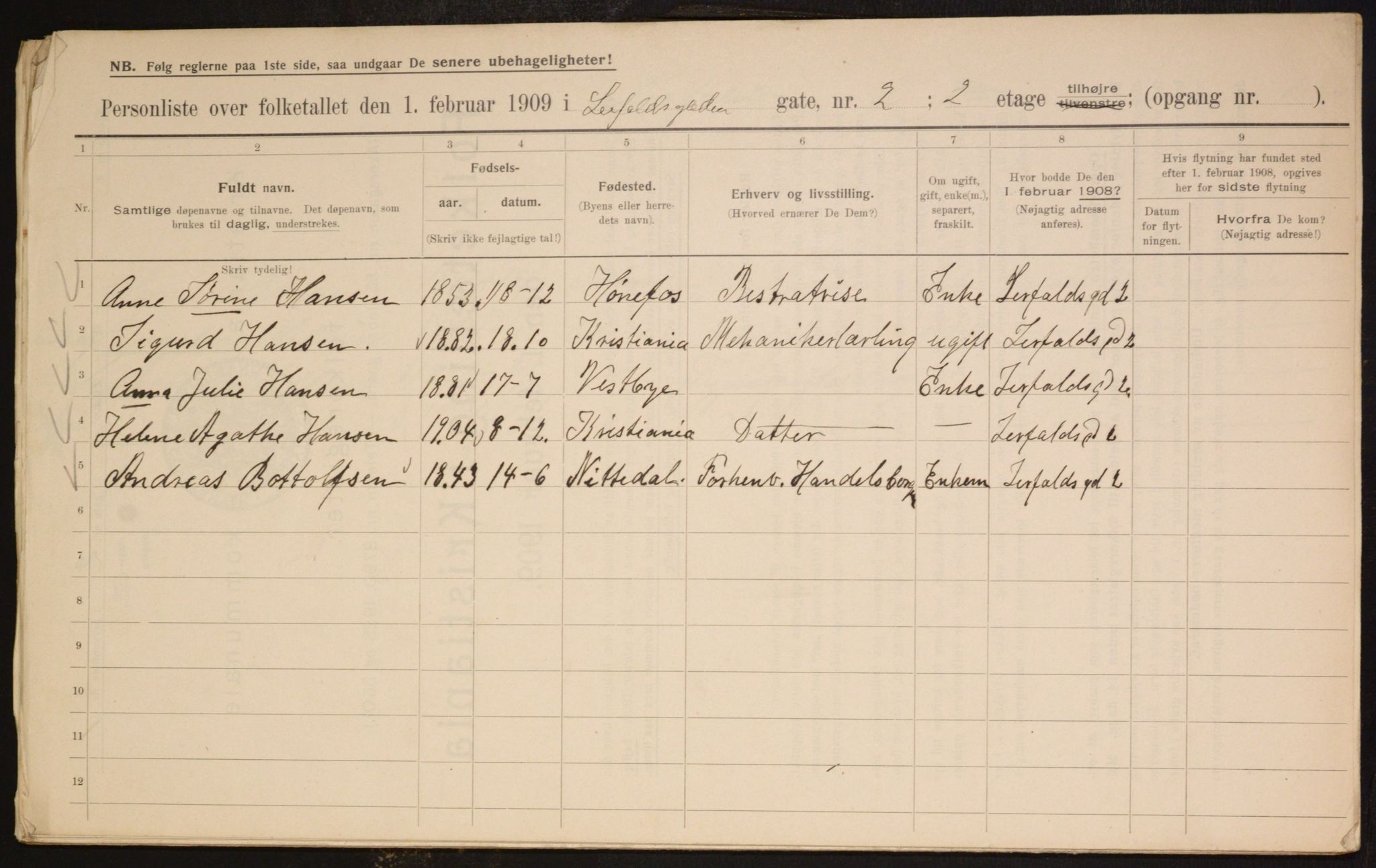 OBA, Municipal Census 1909 for Kristiania, 1909, p. 52235