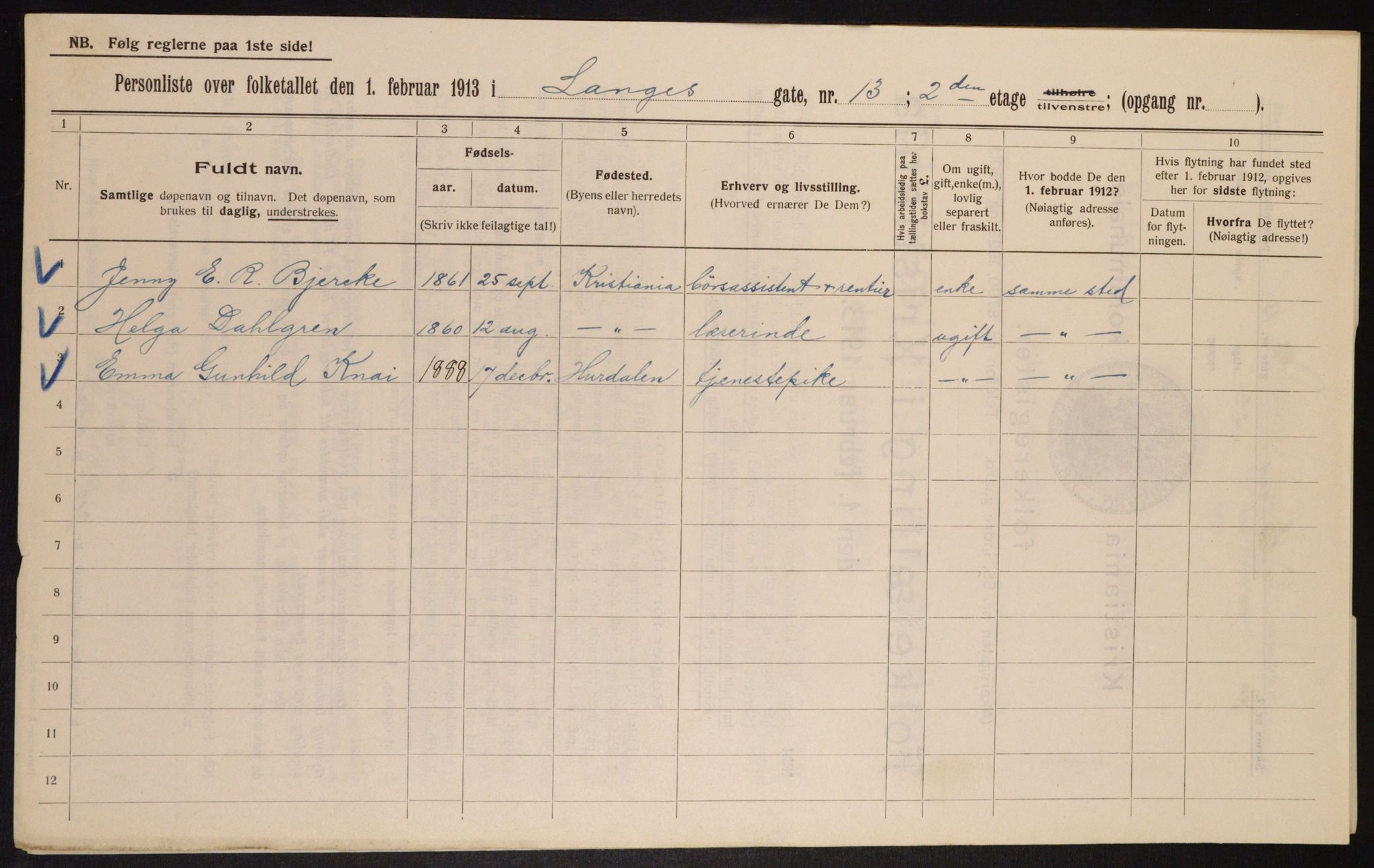 OBA, Municipal Census 1913 for Kristiania, 1913, p. 56154