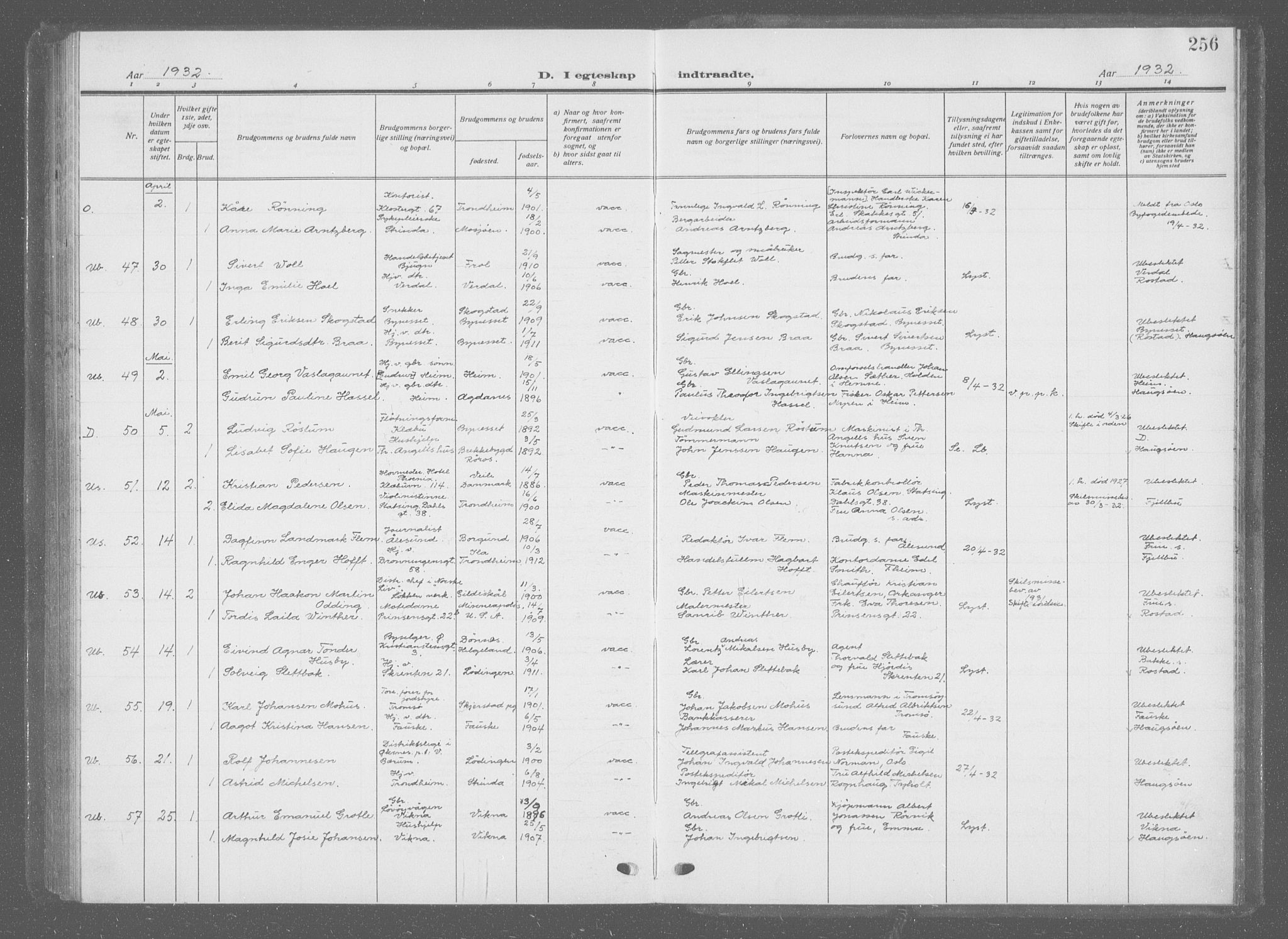 Ministerialprotokoller, klokkerbøker og fødselsregistre - Sør-Trøndelag, AV/SAT-A-1456/601/L0098: Parish register (copy) no. 601C16, 1921-1934, p. 256