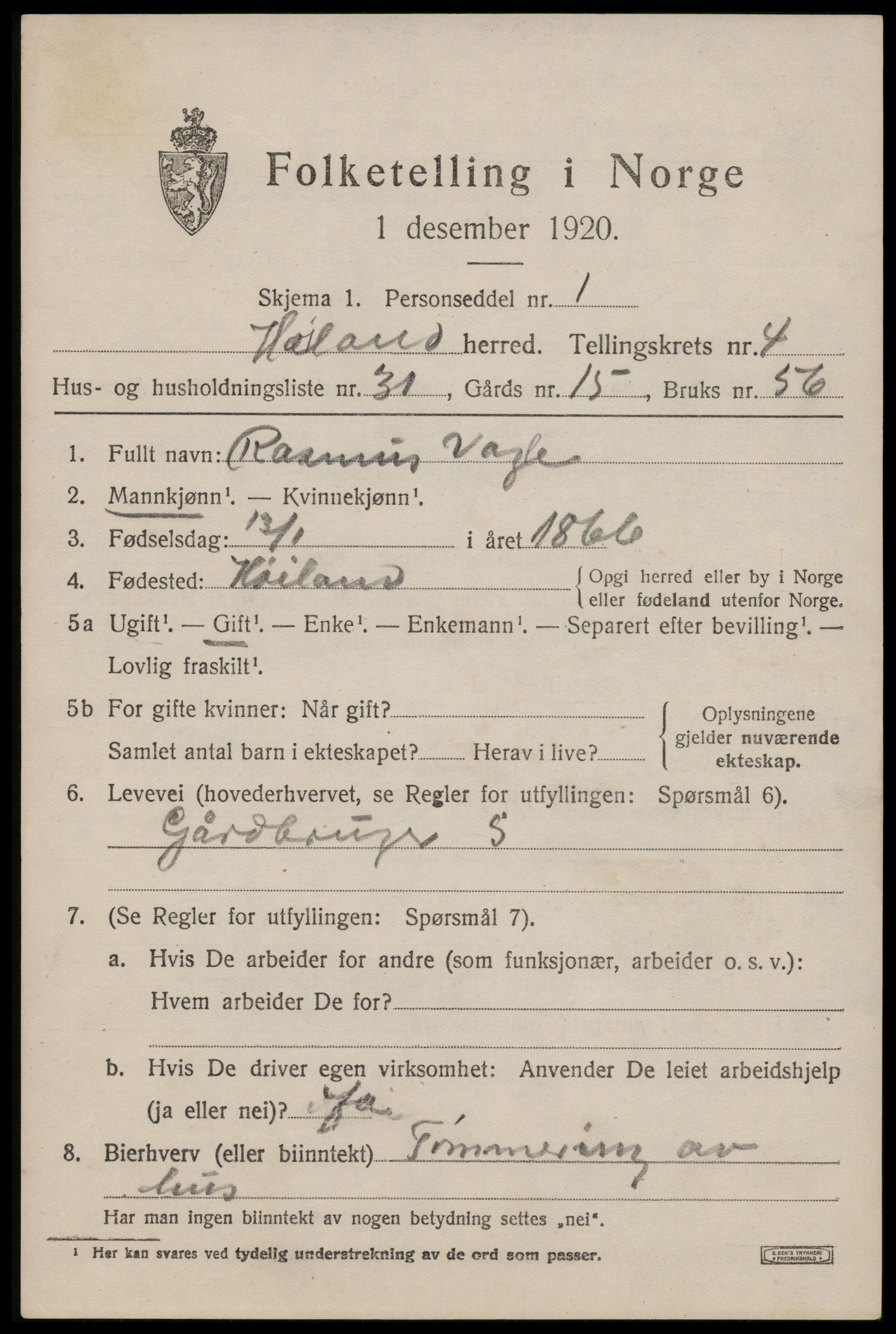 SAST, 1920 census for Håland, 1920, p. 3999