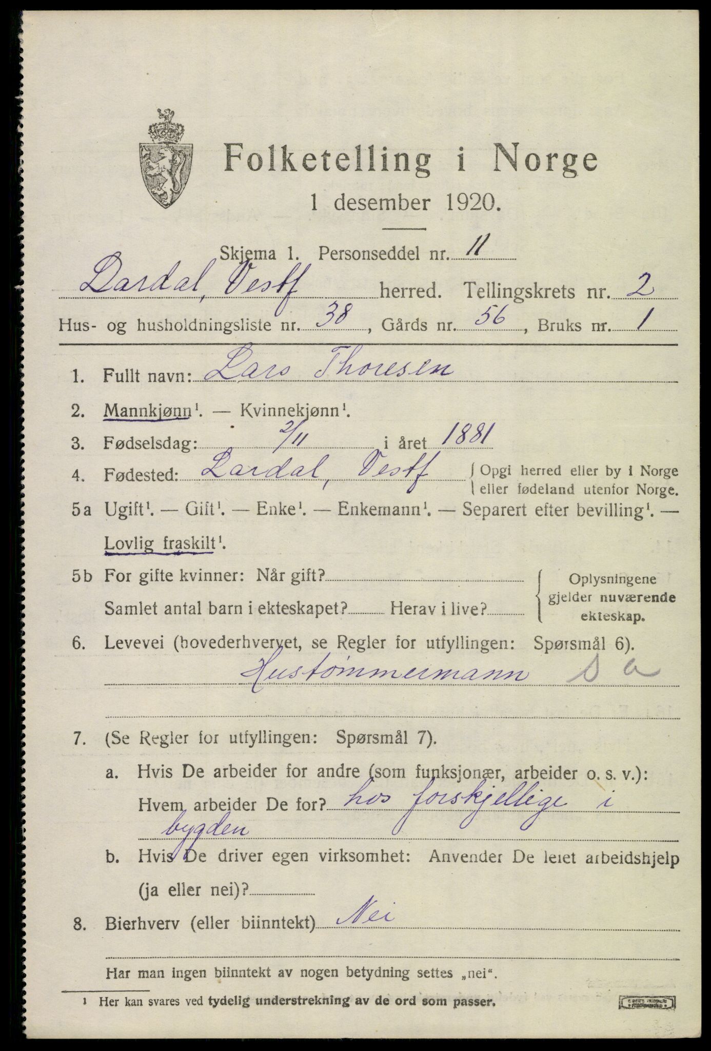 SAKO, 1920 census for Lardal, 1920, p. 2381