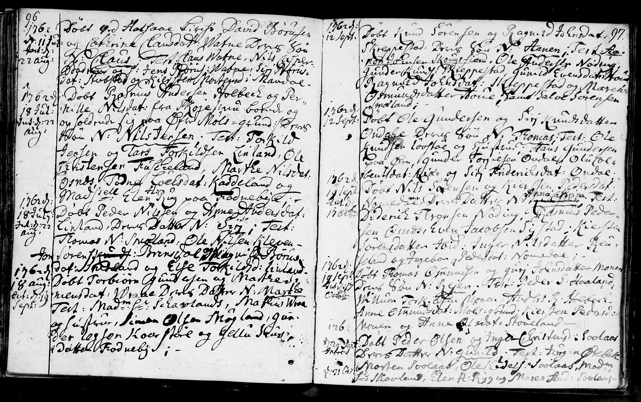 Holum sokneprestkontor, SAK/1111-0022/F/Fa/Faa/L0002: Parish register (official) no. A 2, 1756-1780, p. 96-97