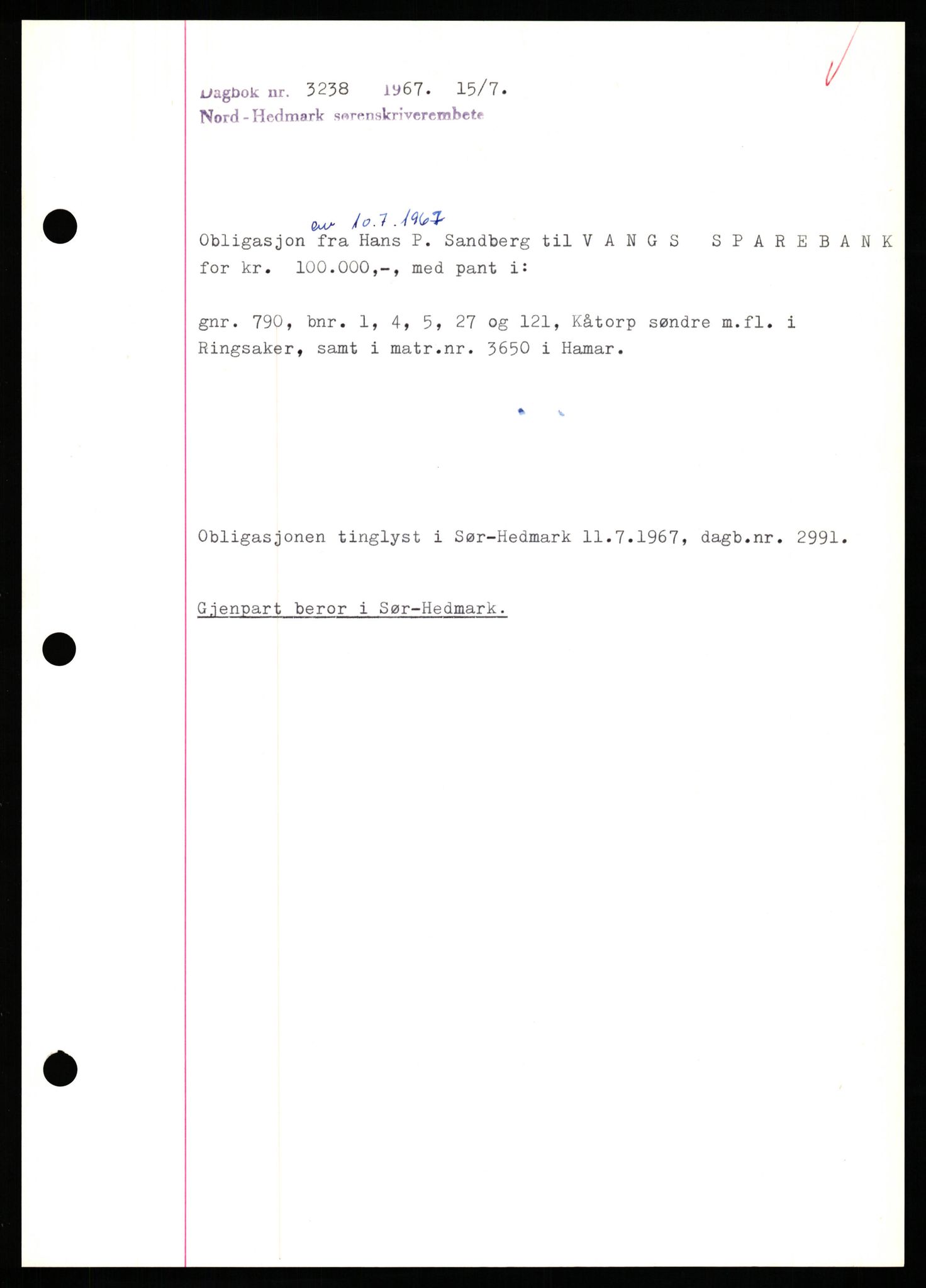 Nord-Hedmark sorenskriveri, SAH/TING-012/H/Hb/Hbf/L0071: Mortgage book no. B71, 1967-1967, Diary no: : 3238/1967