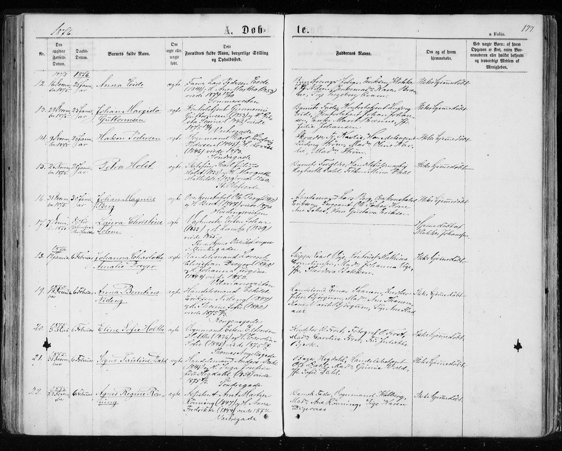 Ministerialprotokoller, klokkerbøker og fødselsregistre - Sør-Trøndelag, SAT/A-1456/601/L0054: Parish register (official) no. 601A22, 1866-1877, p. 177