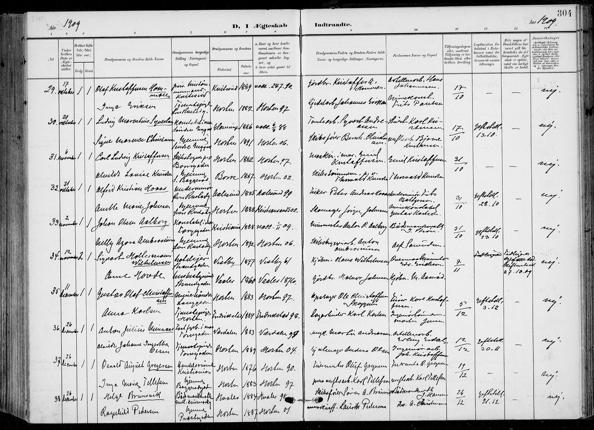 Horten kirkebøker, AV/SAKO-A-348/F/Fa/L0006: Parish register (official) no. 6, 1905-1912, p. 304