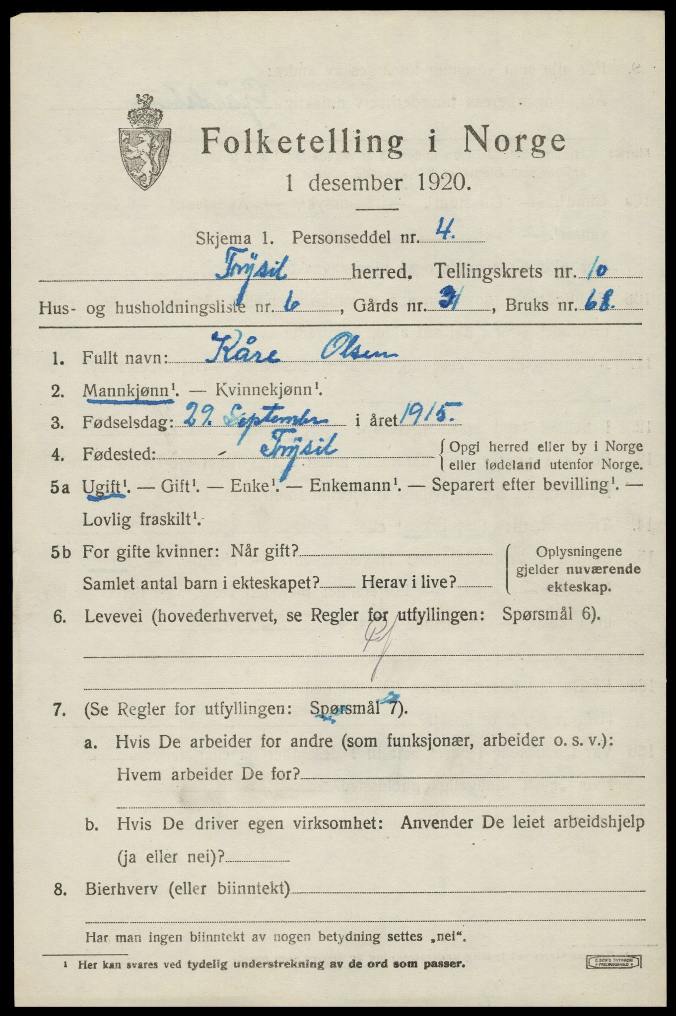 SAH, 1920 census for Trysil, 1920, p. 6927