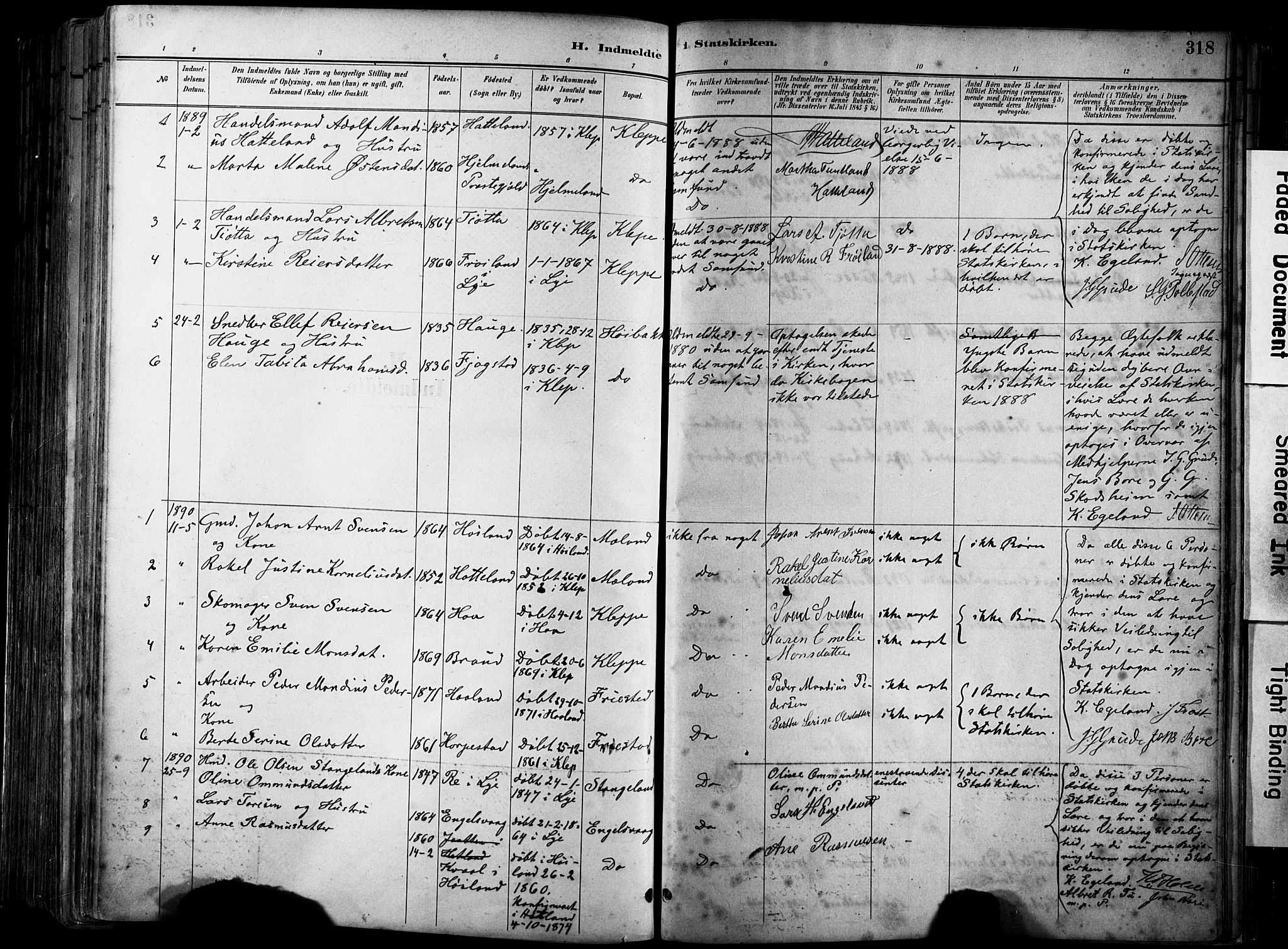 Klepp sokneprestkontor, AV/SAST-A-101803/001/3/30BA/L0009: Parish register (official) no. A 7, 1886-1915, p. 318