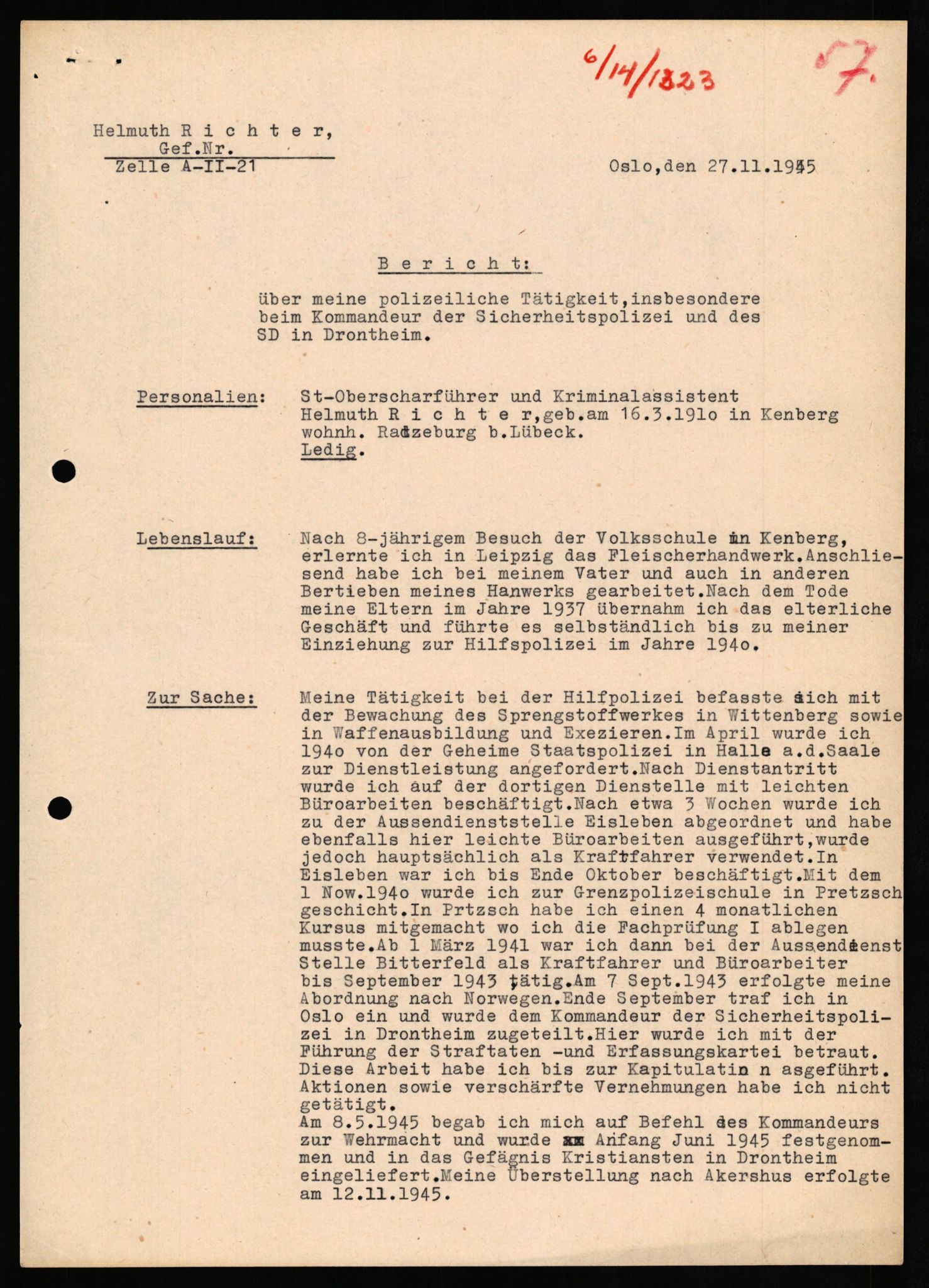 Forsvaret, Forsvarets overkommando II, RA/RAFA-3915/D/Db/L0027: CI Questionaires. Tyske okkupasjonsstyrker i Norge. Tyskere., 1945-1946, p. 340