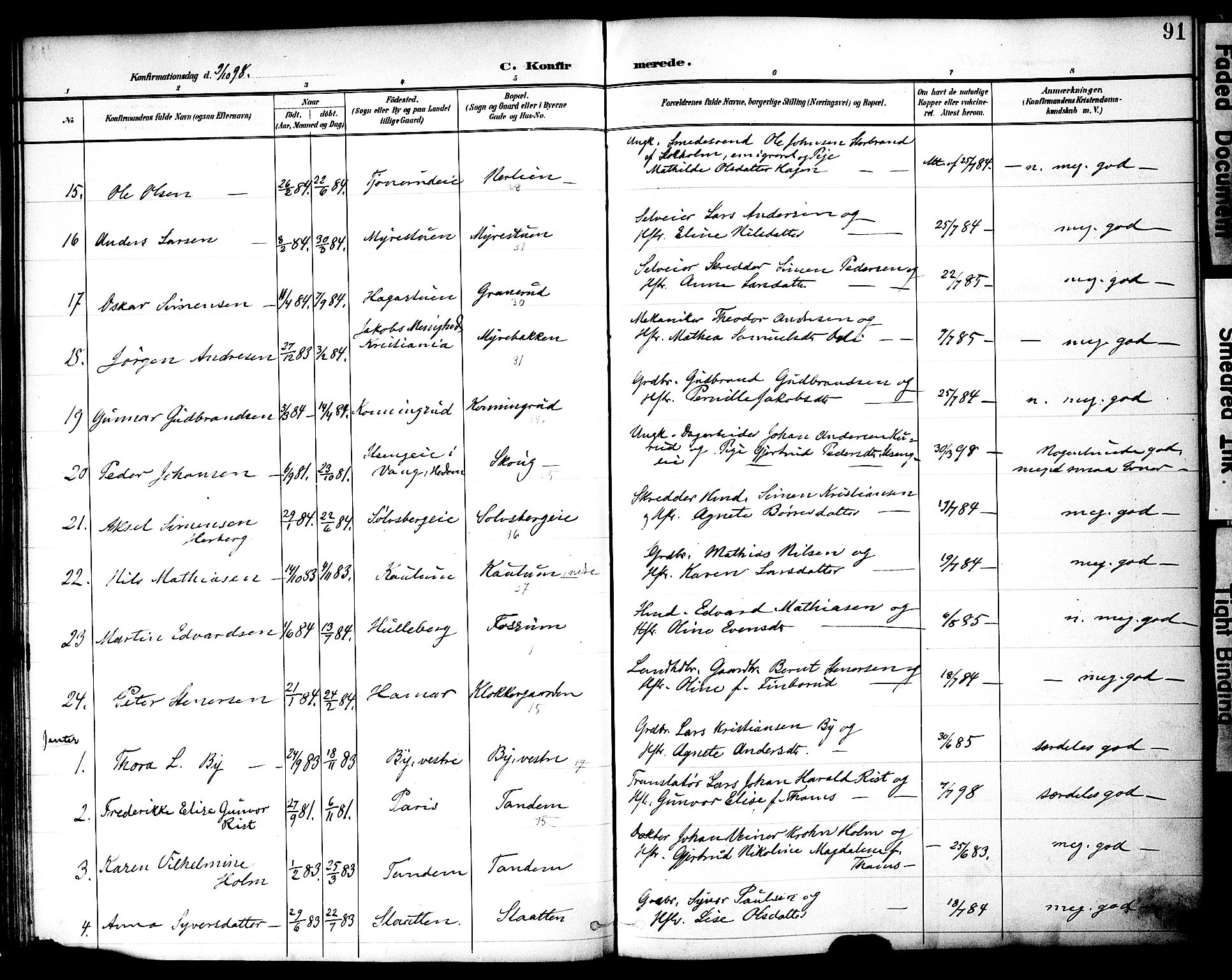 Nes prestekontor, Hedmark, SAH/PREST-020/K/Ka/L0010: Parish register (official) no. 10, 1887-1905, p. 91