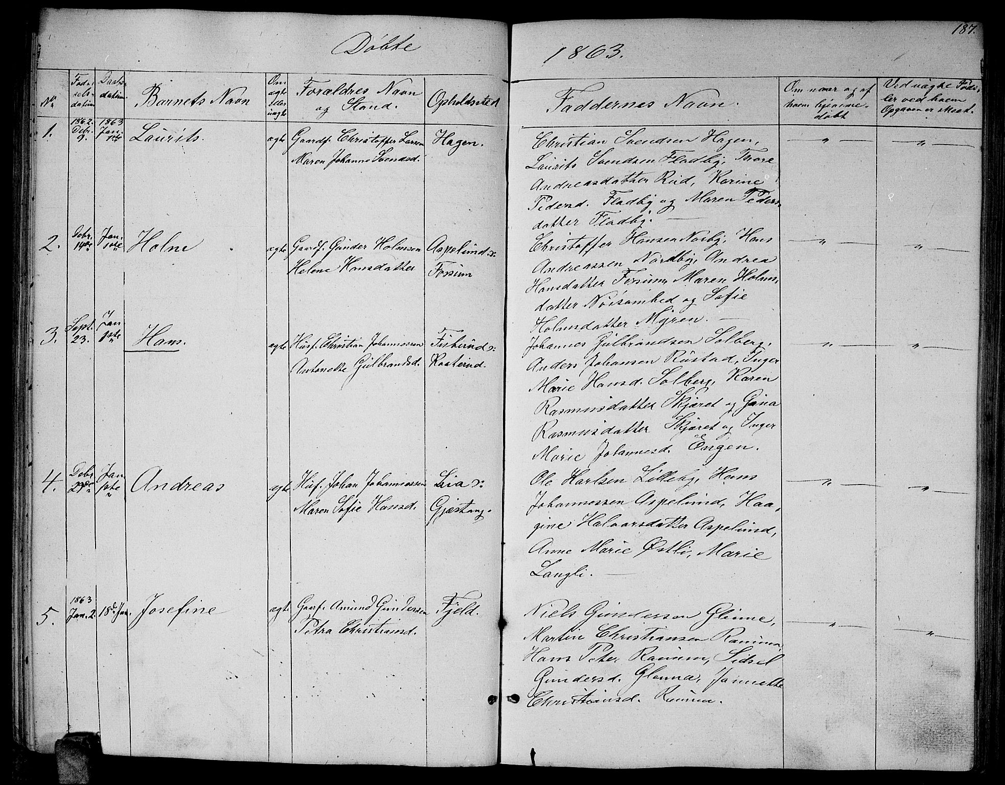 Enebakk prestekontor Kirkebøker, SAO/A-10171c/G/Ga/L0004: Parish register (copy) no. I 4, 1850-1866, p. 187