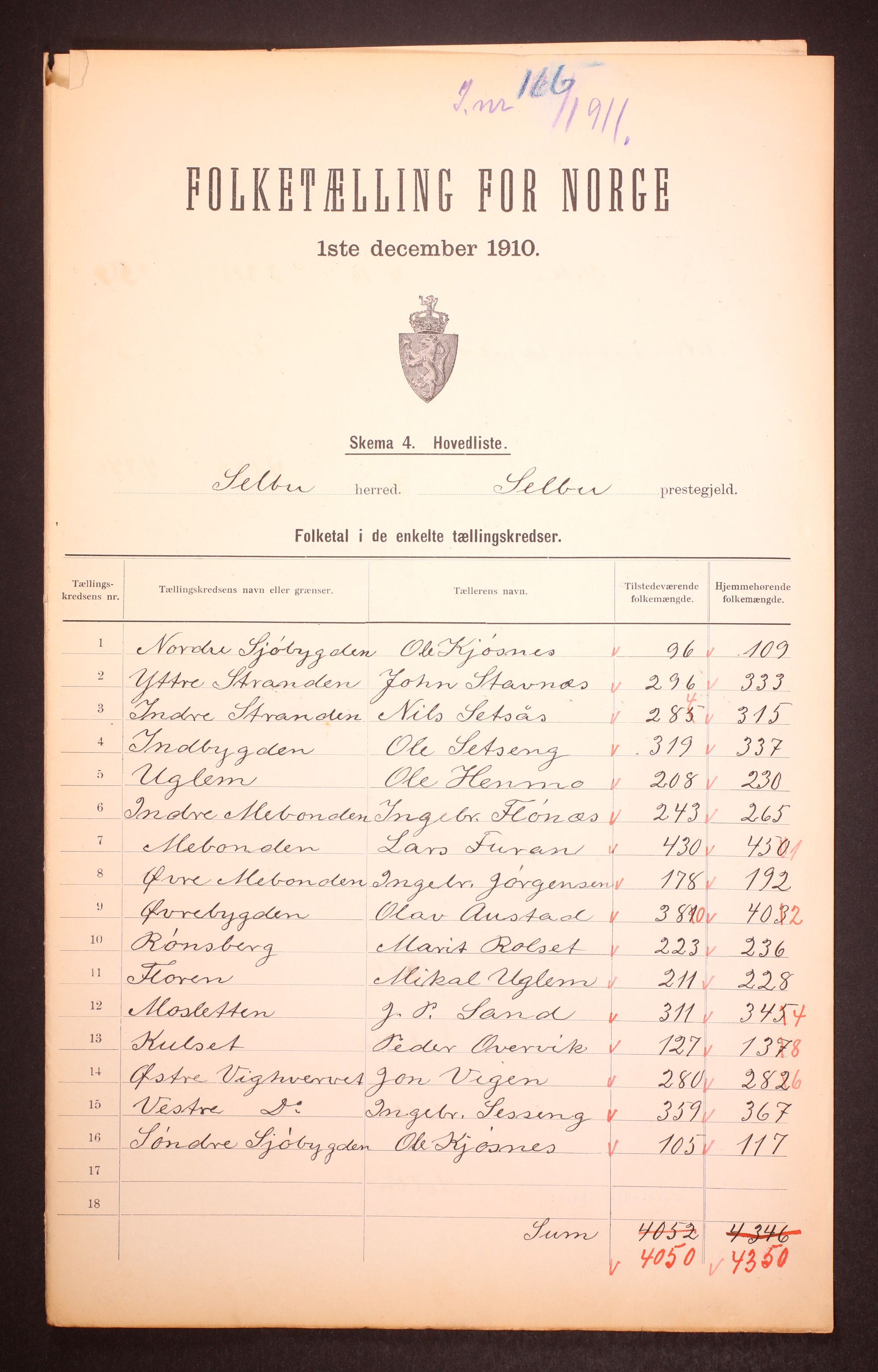 RA, 1910 census for Selbu, 1910, p. 2