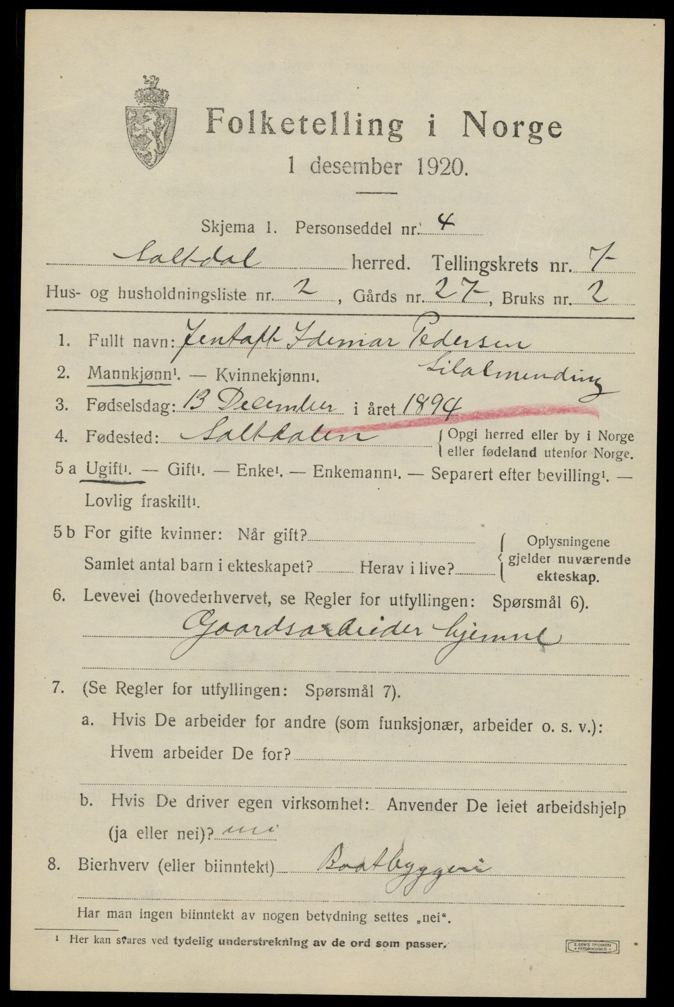 SAT, 1920 census for Saltdal, 1920, p. 7819