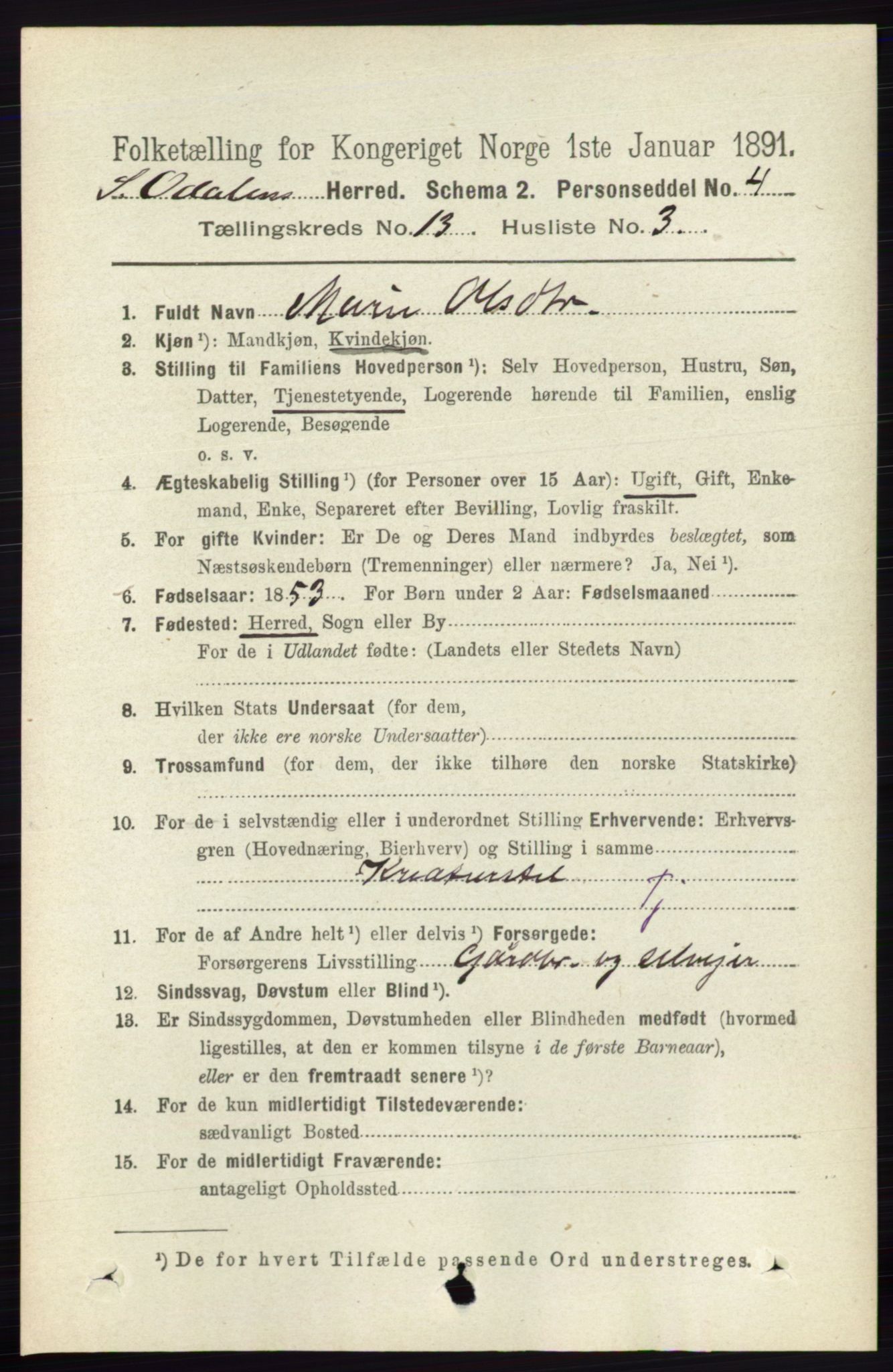 RA, 1891 census for 0419 Sør-Odal, 1891, p. 5582