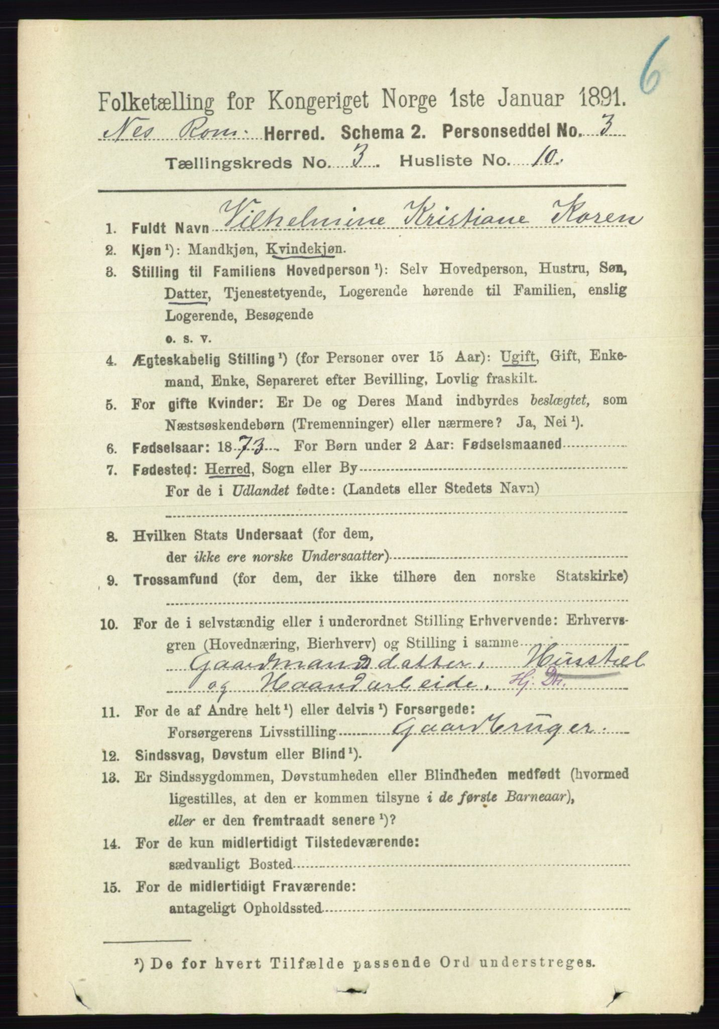 RA, 1891 census for 0236 Nes, 1891, p. 1657