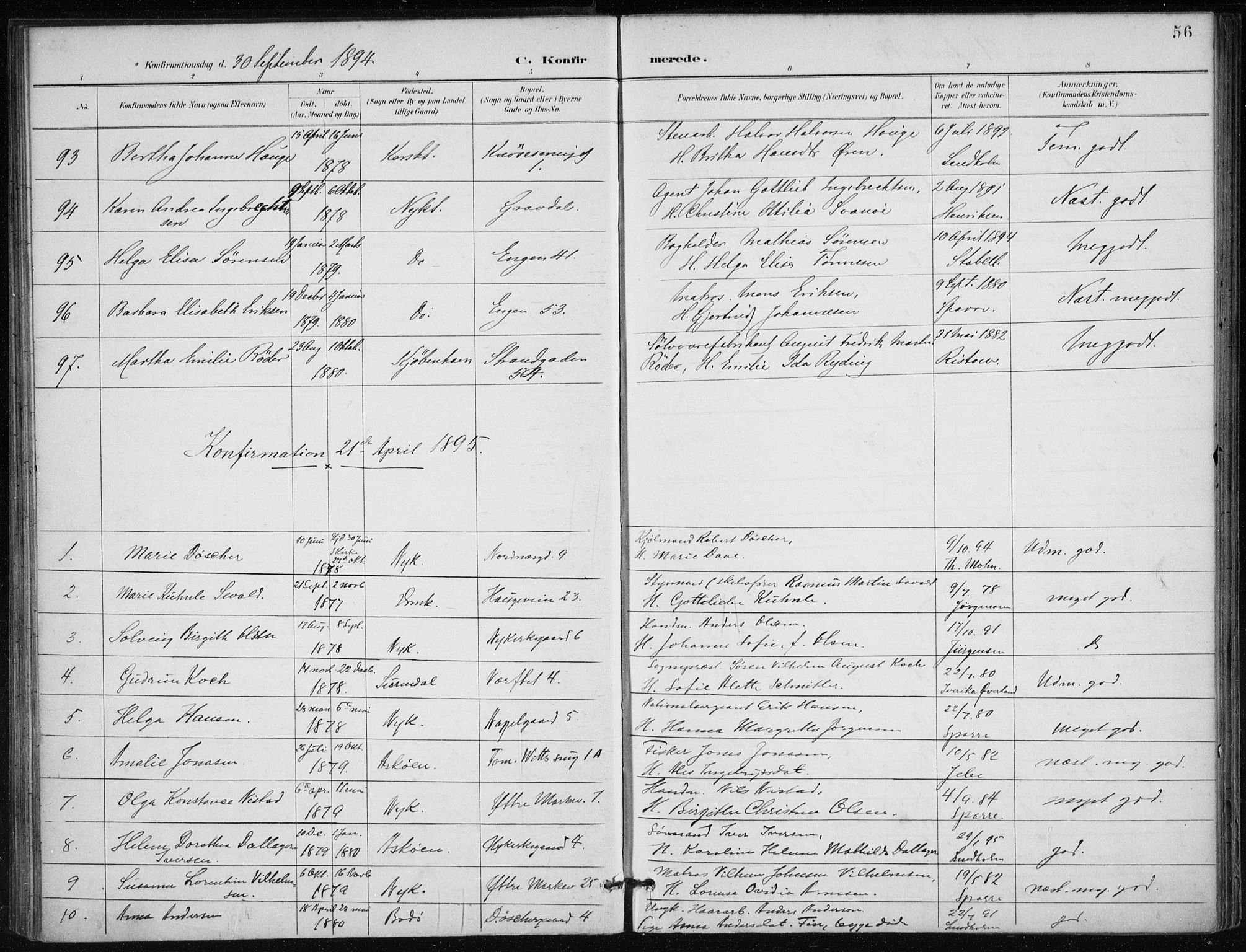 Nykirken Sokneprestembete, SAB/A-77101/H/Haa/L0028: Parish register (official) no. C 7, 1887-1913, p. 56