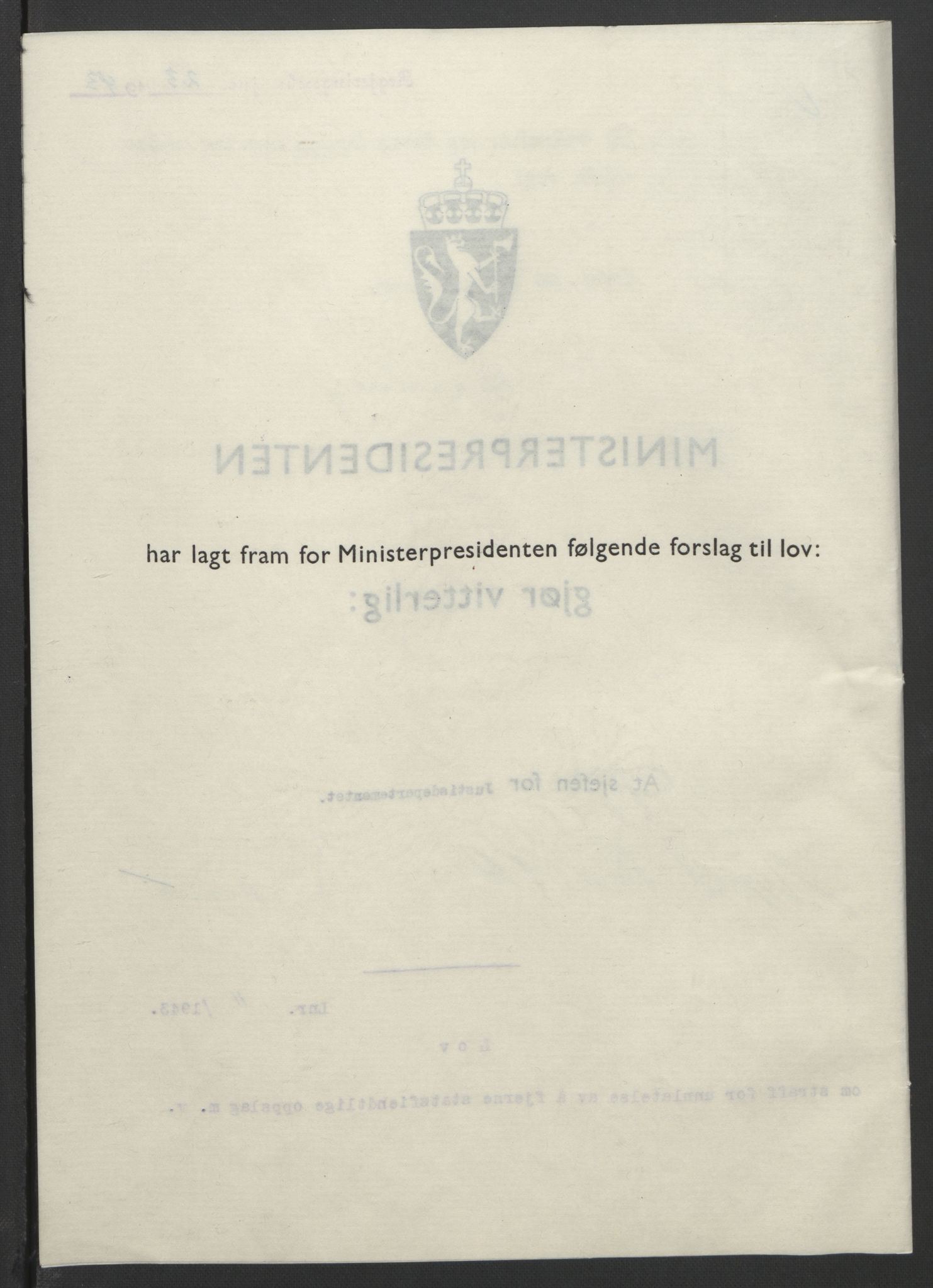 NS-administrasjonen 1940-1945 (Statsrådsekretariatet, de kommisariske statsråder mm), RA/S-4279/D/Db/L0099: Lover, 1943, p. 45