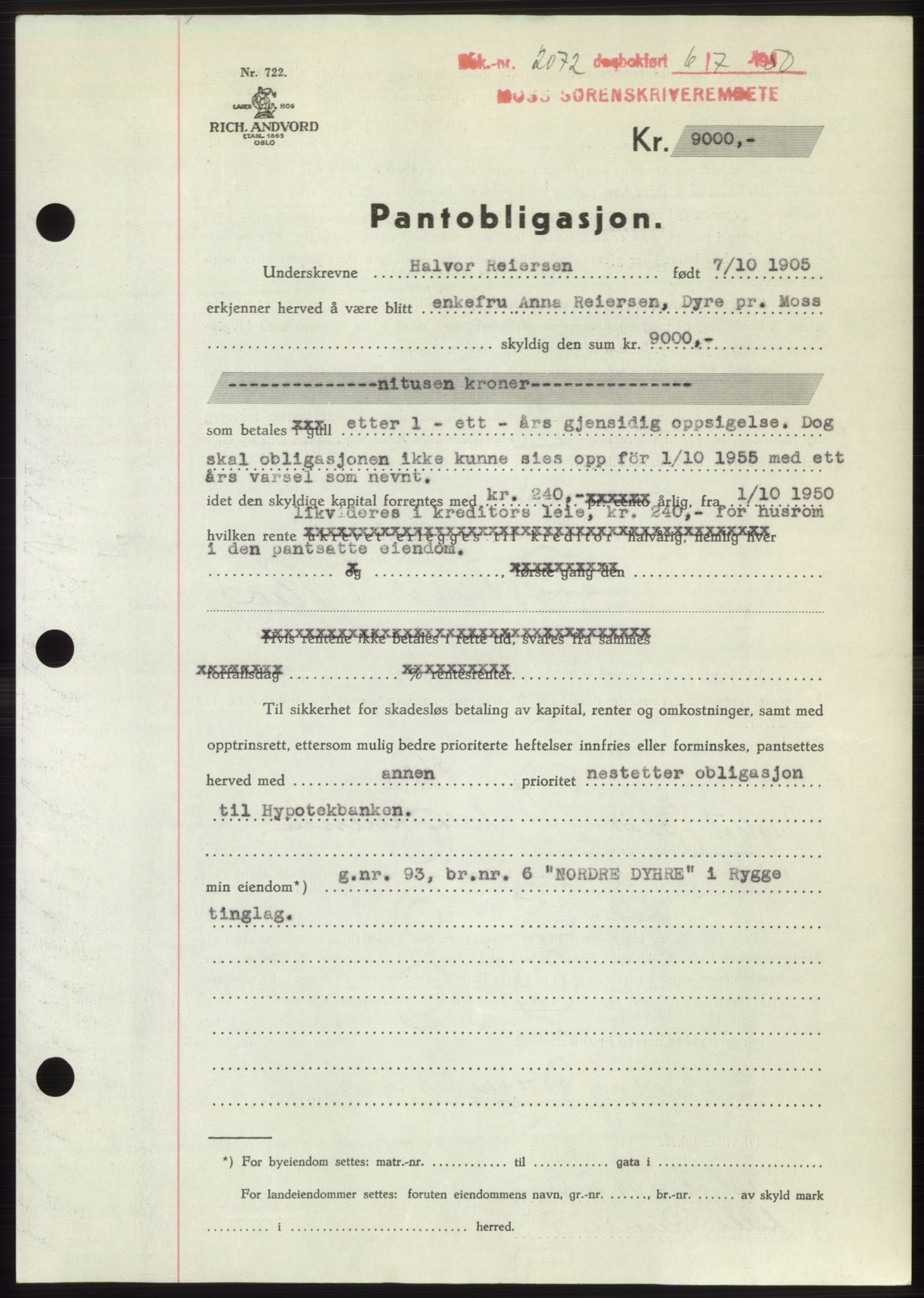 Moss sorenskriveri, AV/SAO-A-10168: Mortgage book no. B24, 1950-1950, Diary no: : 2072/1950