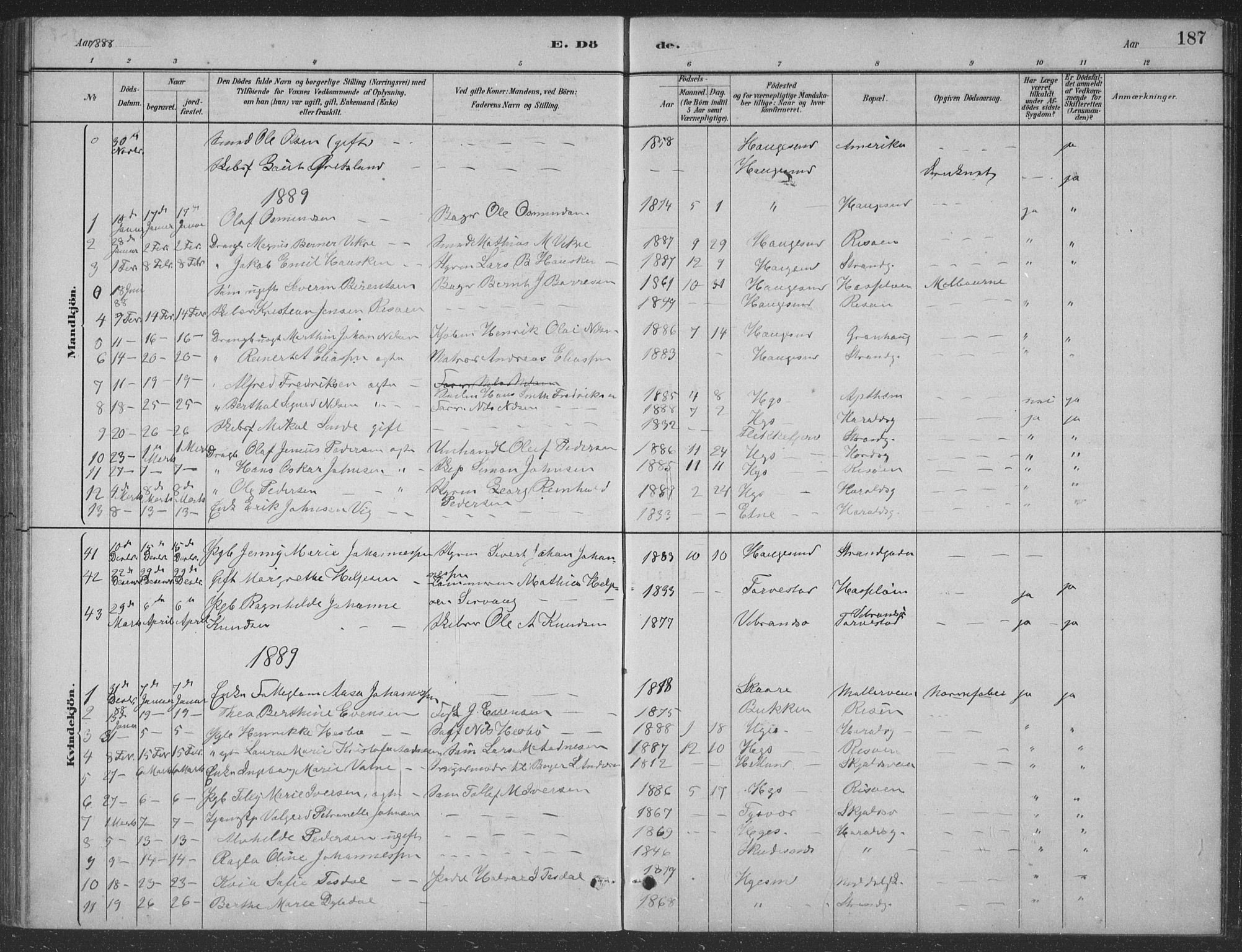 Haugesund sokneprestkontor, SAST/A -101863/H/Ha/Hab/L0002: Parish register (copy) no. B 2, 1881-1894, p. 187