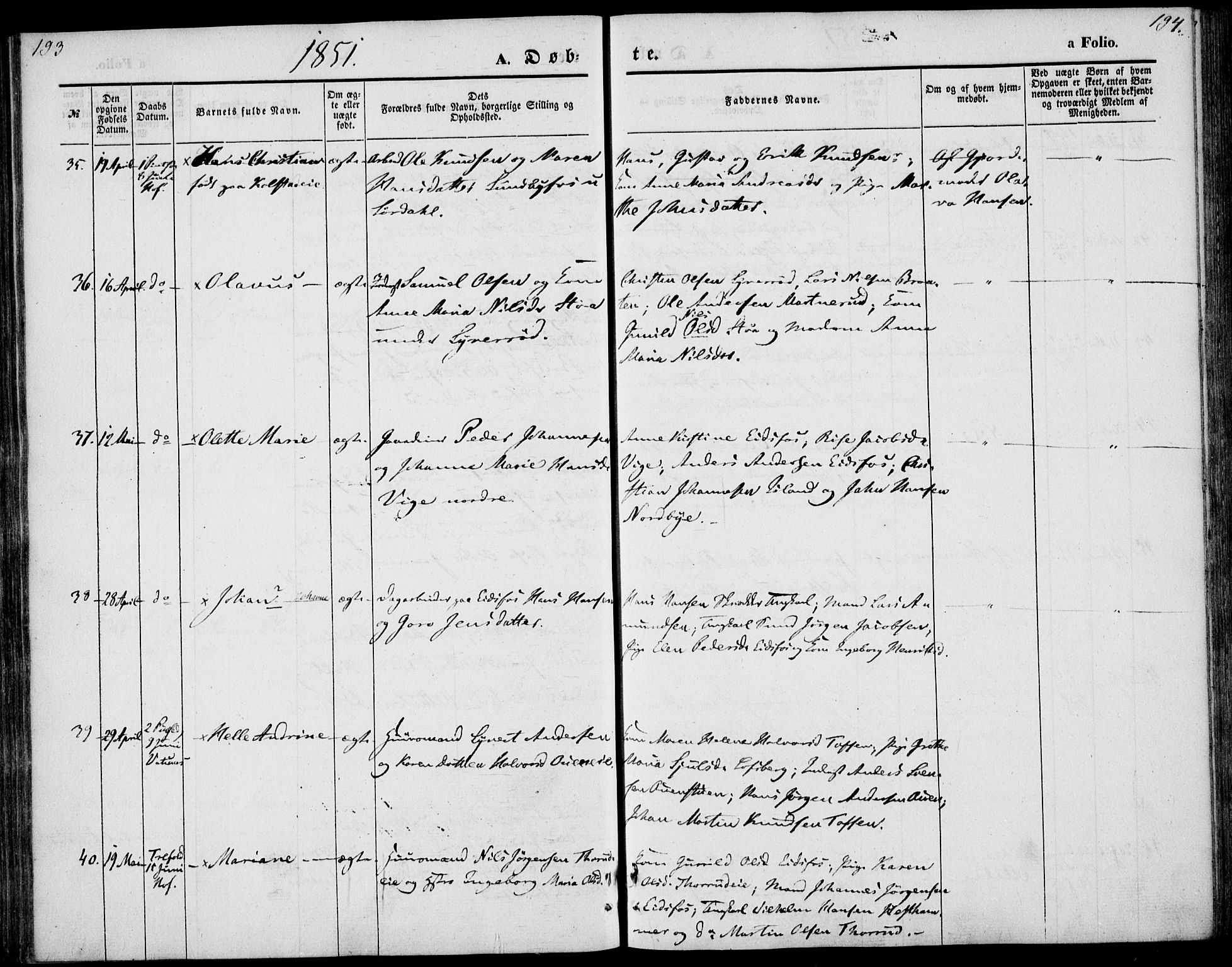 Hof kirkebøker, AV/SAKO-A-64/F/Fa/L0005: Parish register (official) no. I 5, 1844-1851, p. 193-194