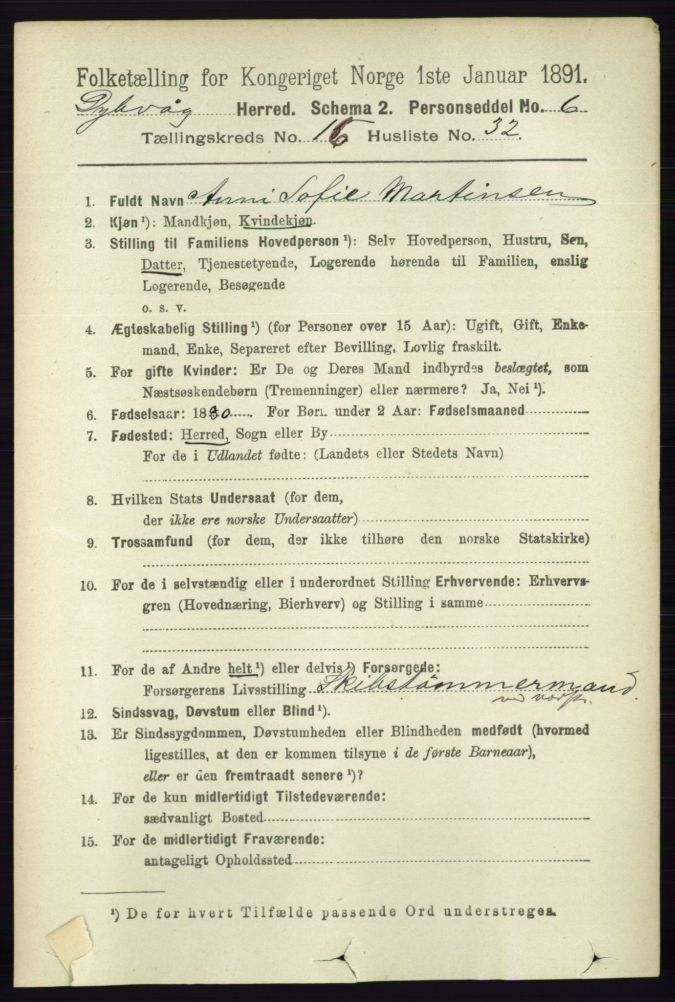 RA, 1891 census for 0915 Dypvåg, 1891, p. 6600