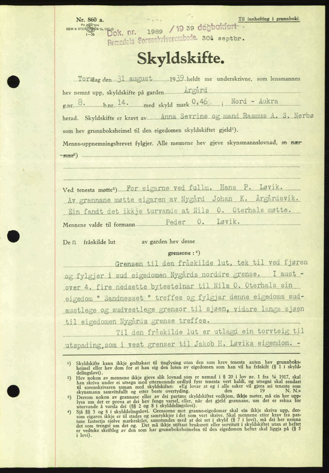 Romsdal sorenskriveri, AV/SAT-A-4149/1/2/2C: Mortgage book no. A7, 1939-1939, Diary no: : 1989/1939