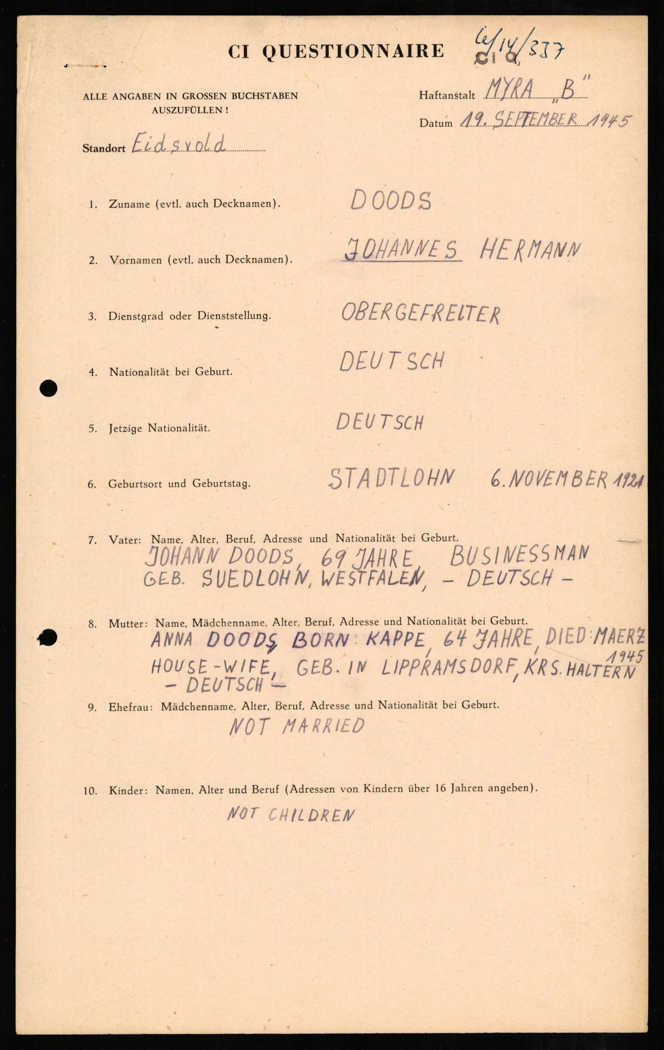 Forsvaret, Forsvarets overkommando II, AV/RA-RAFA-3915/D/Db/L0006: CI Questionaires. Tyske okkupasjonsstyrker i Norge. Tyskere., 1945-1946, p. 138