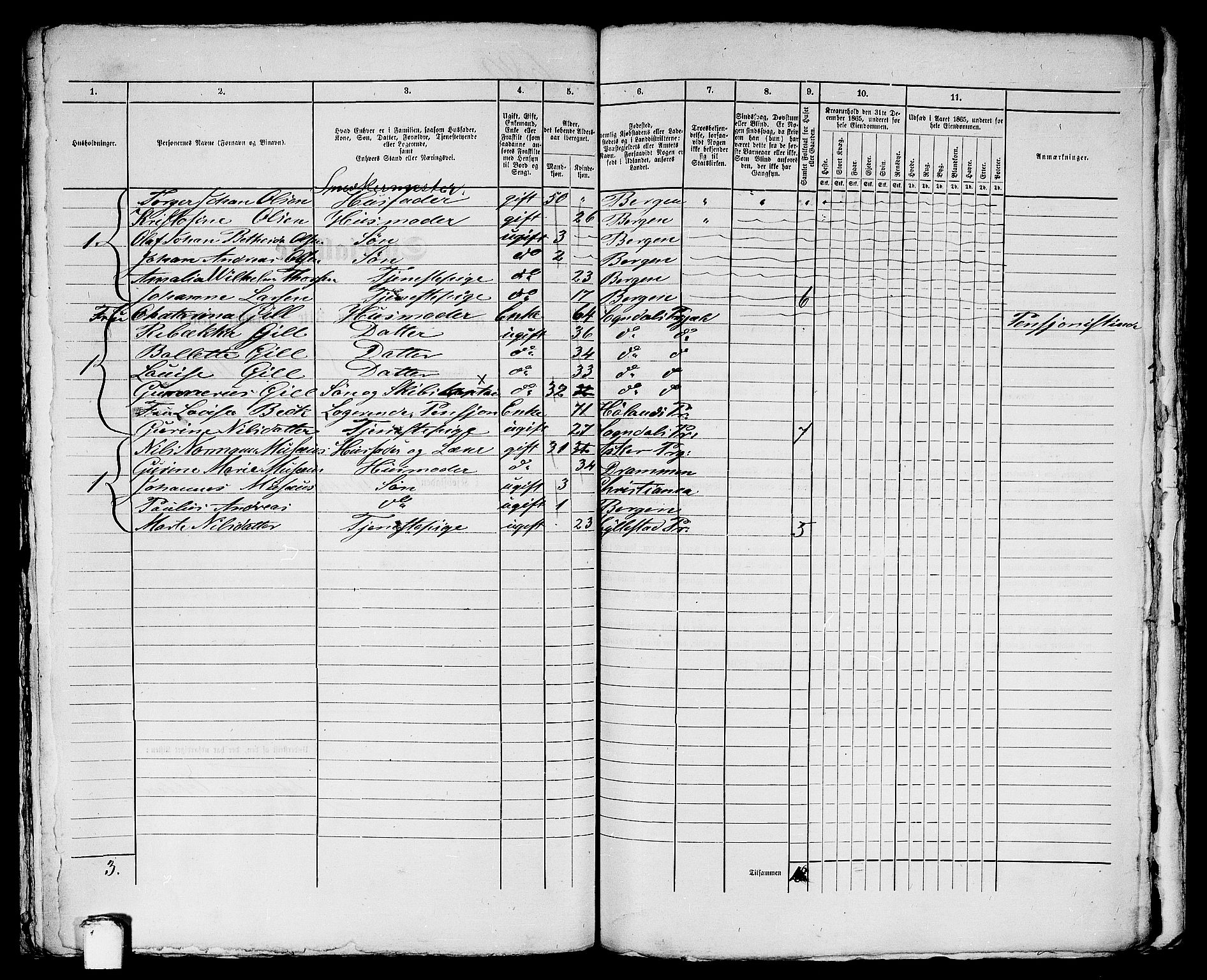 RA, 1865 census for Bergen, 1865, p. 1418