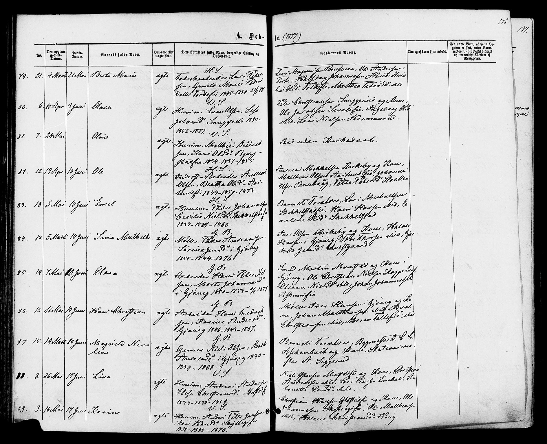 Vardal prestekontor, SAH/PREST-100/H/Ha/Haa/L0007: Parish register (official) no. 7, 1867-1878, p. 136