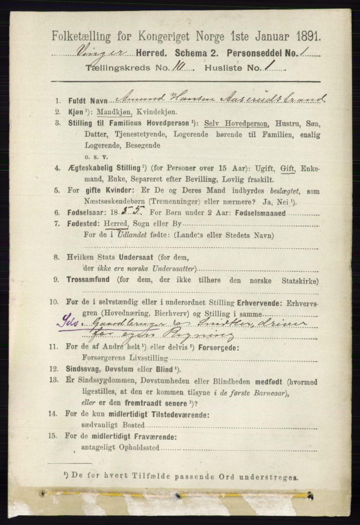 RA, 1891 census for 0421 Vinger, 1891, p. 4880