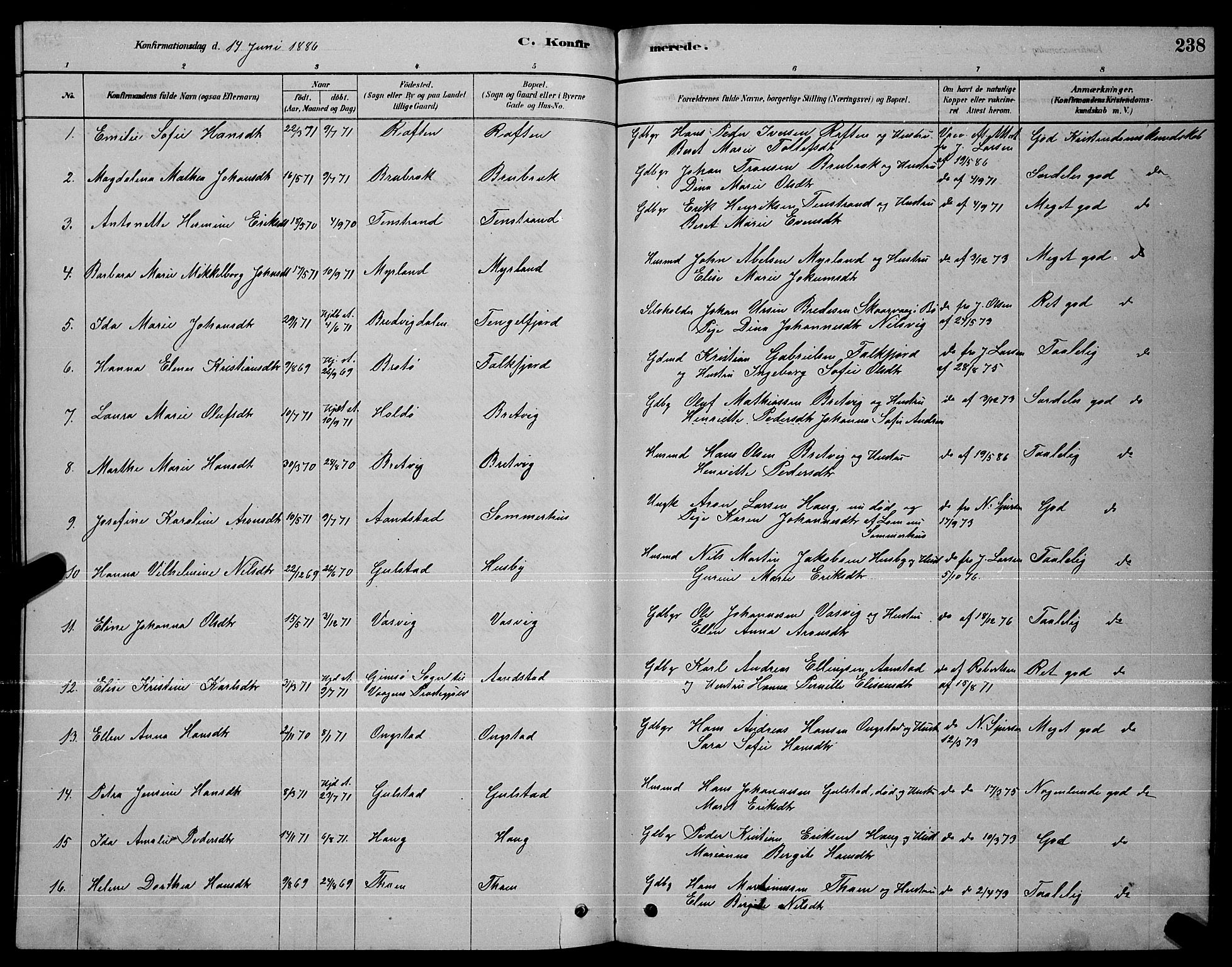 Ministerialprotokoller, klokkerbøker og fødselsregistre - Nordland, SAT/A-1459/888/L1267: Parish register (copy) no. 888C05, 1878-1890, p. 238