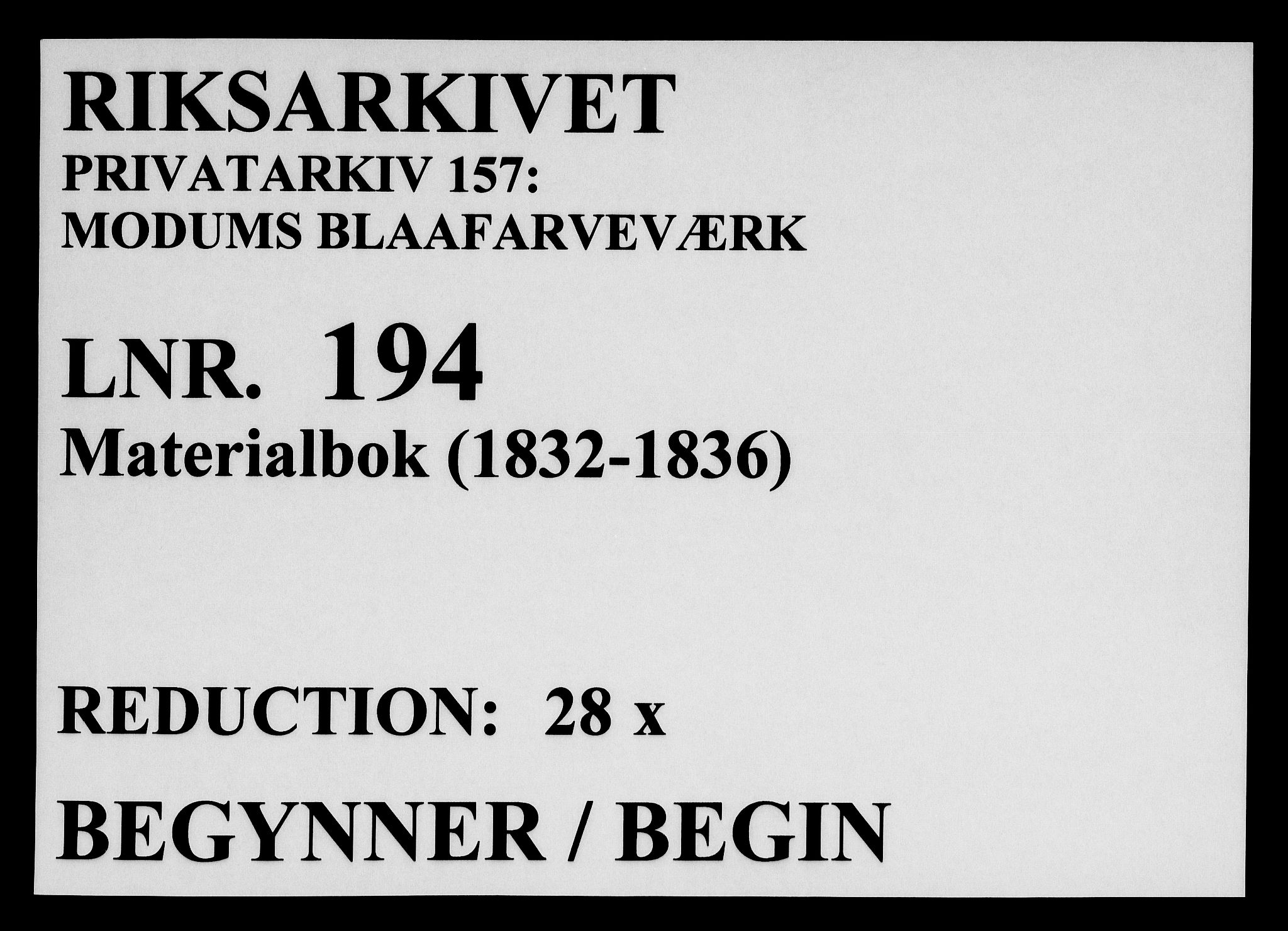 Modums Blaafarveværk, RA/PA-0157/G/Gd/Gdb/L0194: Materialbok, 1832-1836, p. 1