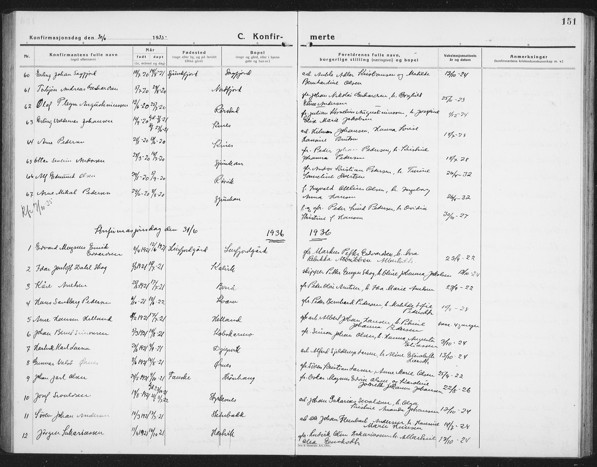 Ministerialprotokoller, klokkerbøker og fødselsregistre - Nordland, AV/SAT-A-1459/854/L0788: Parish register (copy) no. 854C04, 1926-1940, p. 151