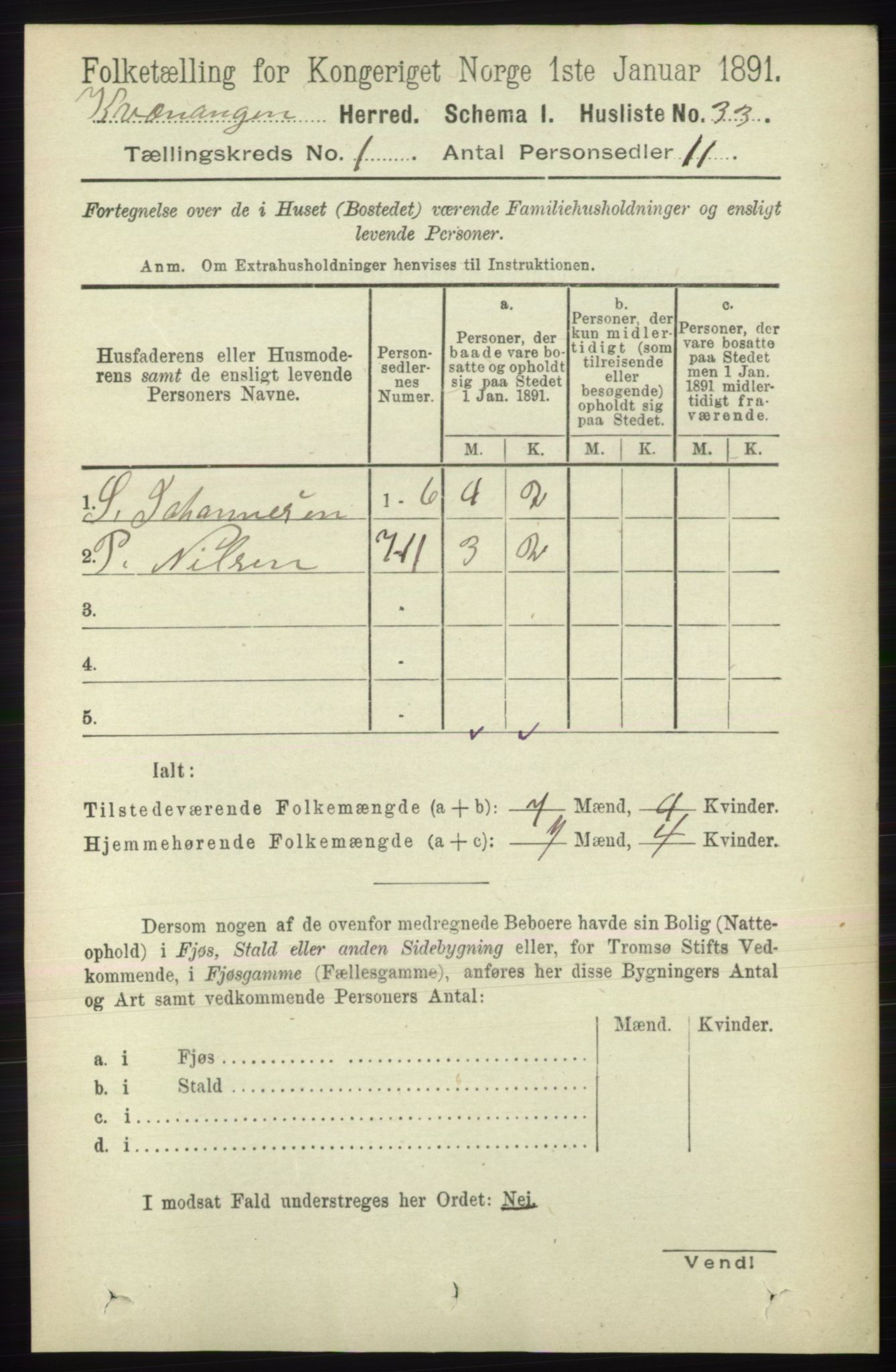 RA, 1891 census for 1943 Kvænangen, 1891, p. 47